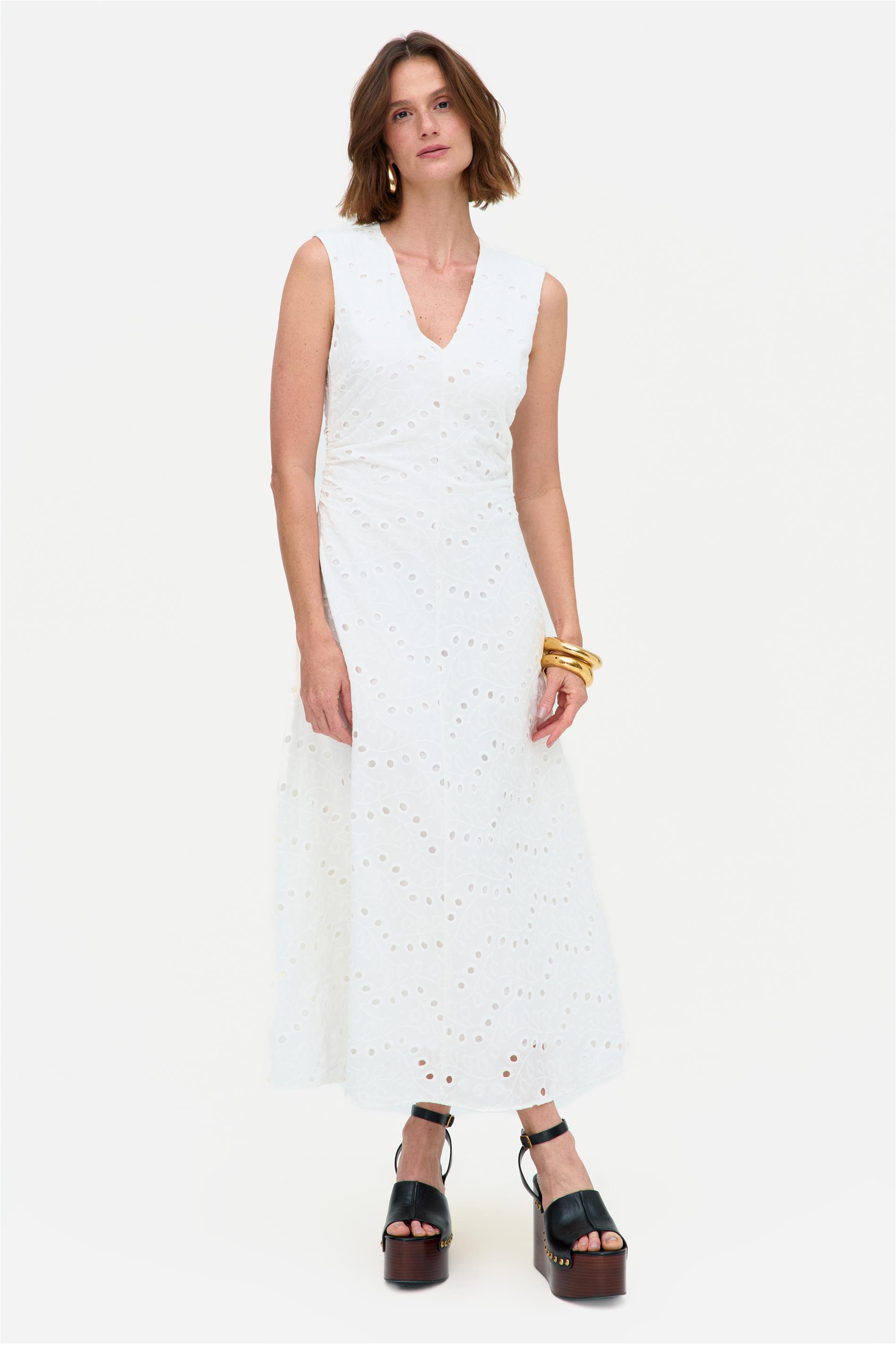 Vestido Midi com Bordado e Franzido
