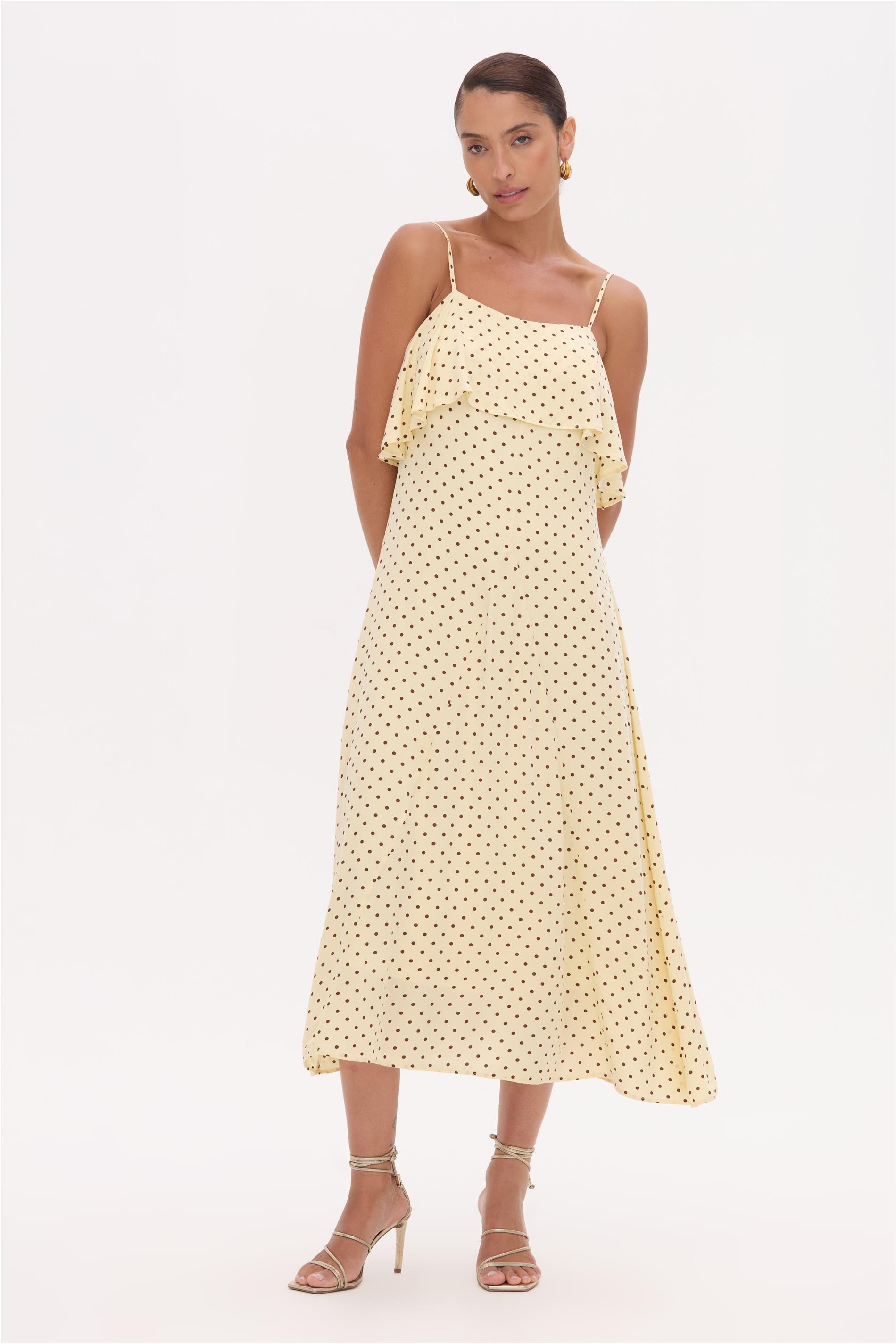 Vestido Midi Feminino Poás com Babado