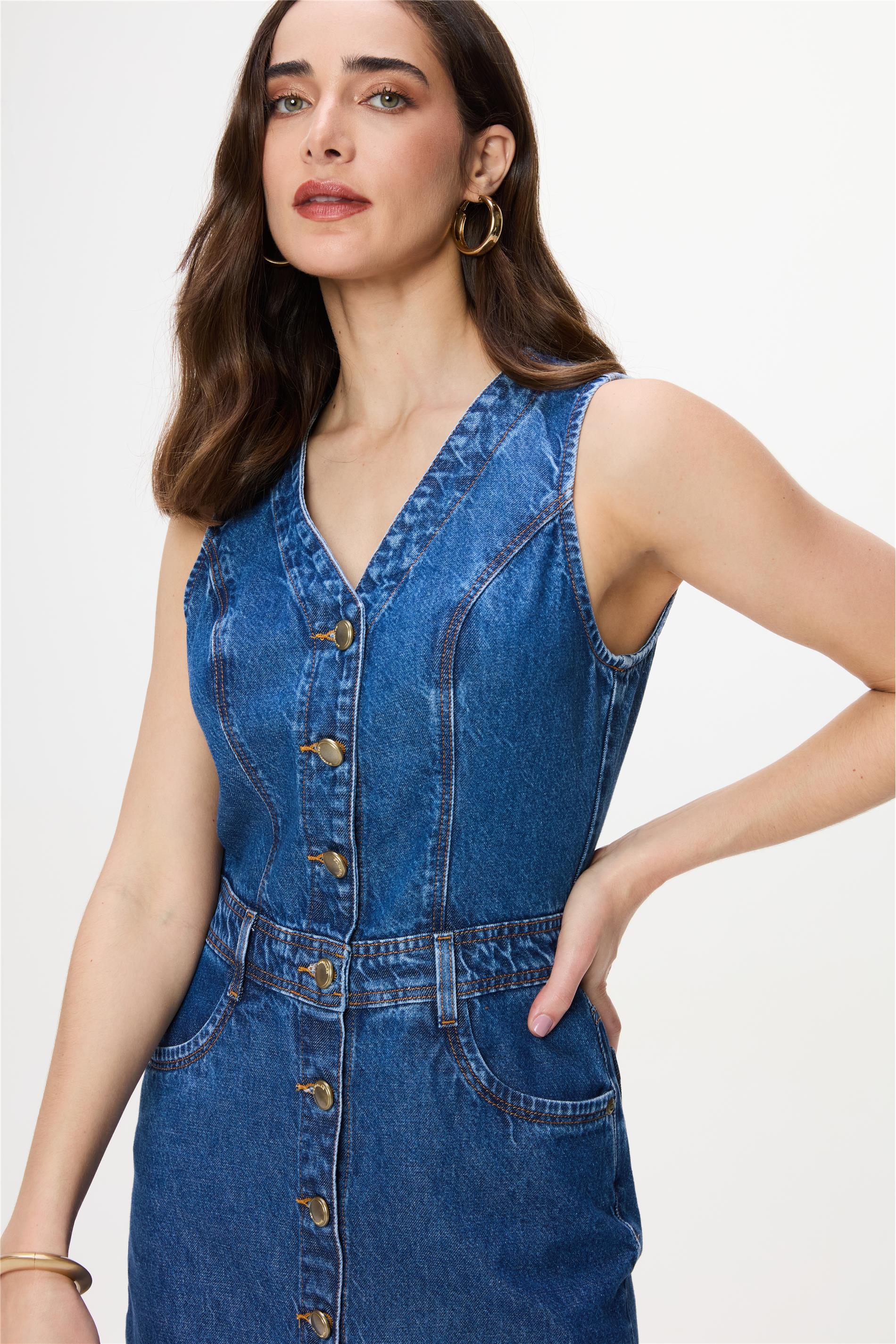 Vestido Jeans Midi Fecho com Botões