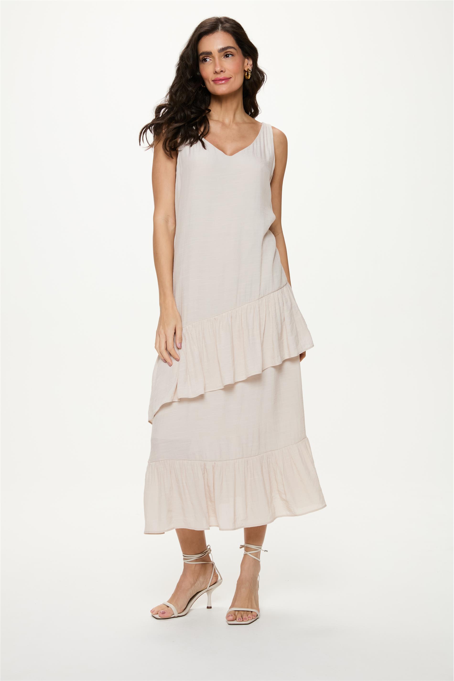 Vestido Midi com Camadas sem Mangas