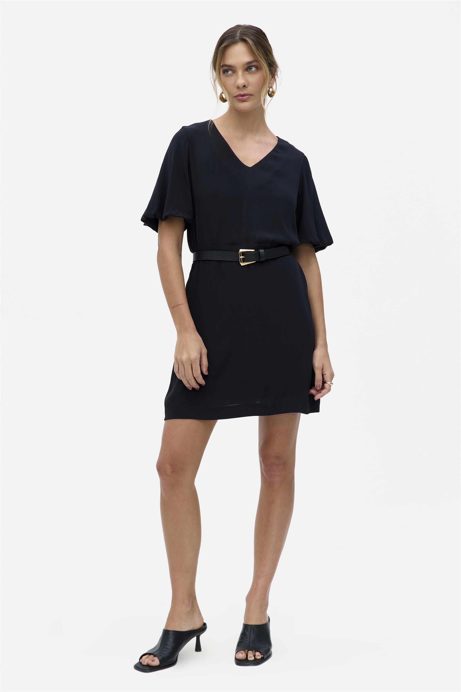 Vestido Mini de Viscose Manga Balonê
