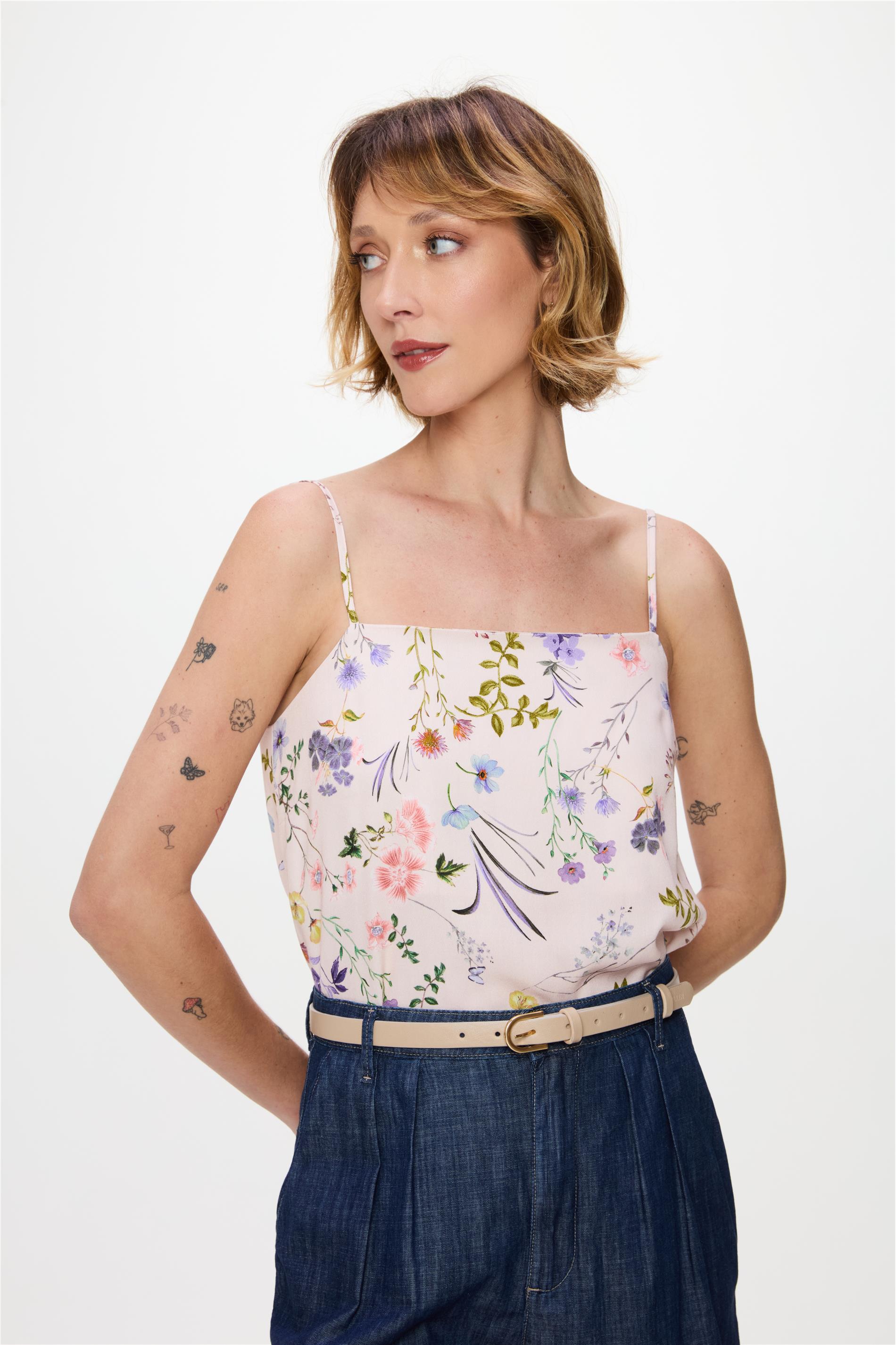 Blusa Estampa Floral Rosa com Alças
