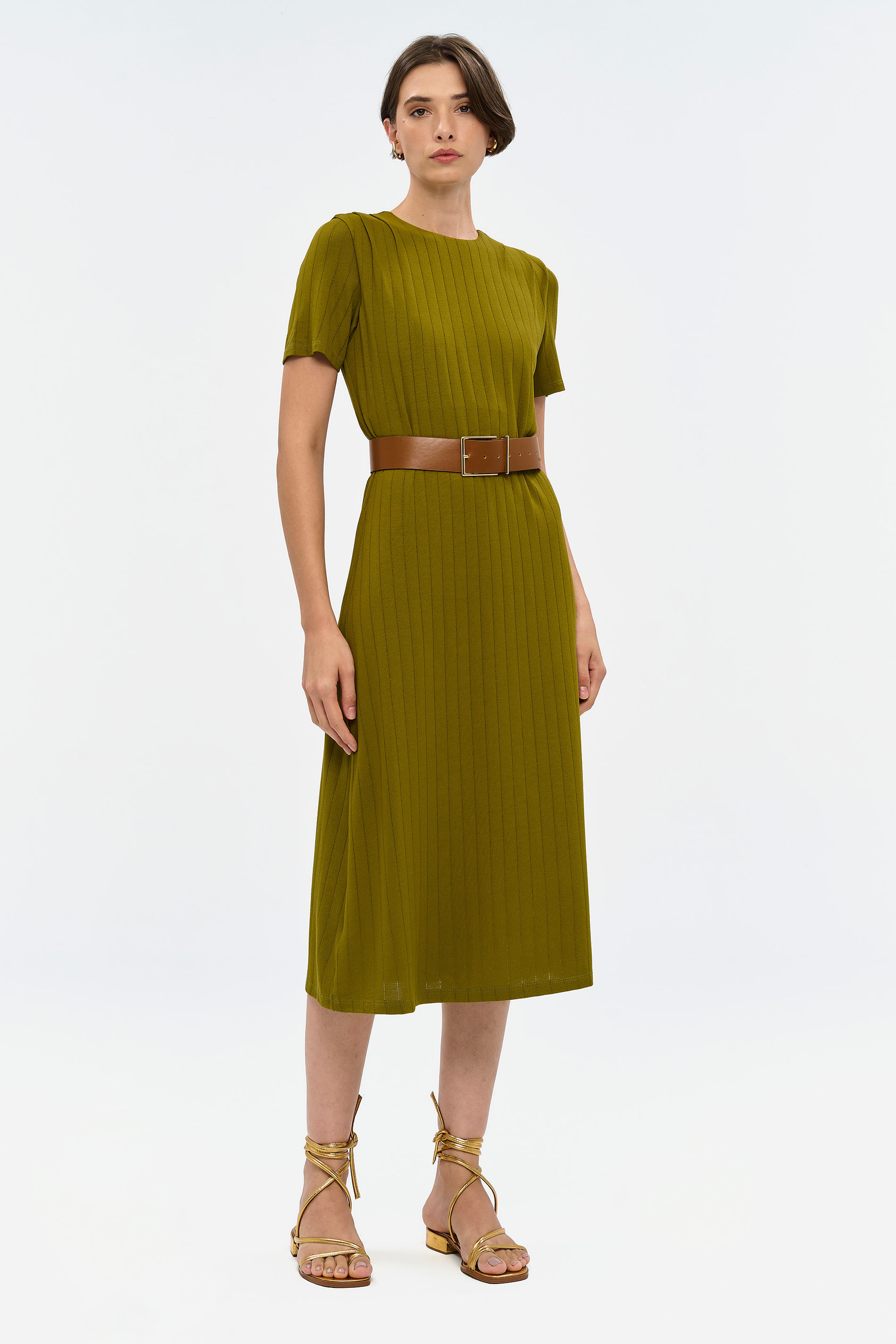 Vestido Midi com Forro e Pregas no Ombro