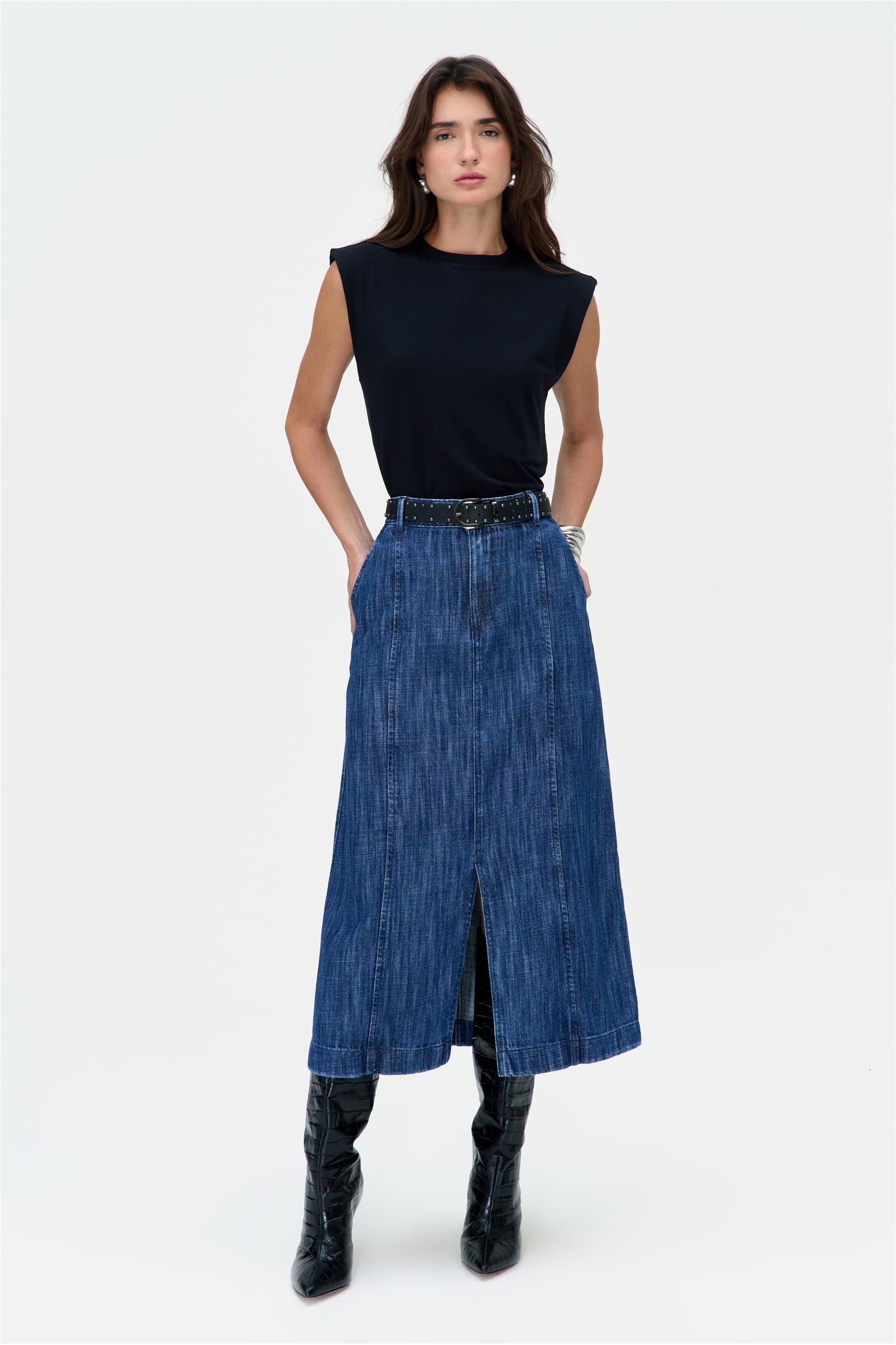 Saia Jeans Midi com Recortes Frontais