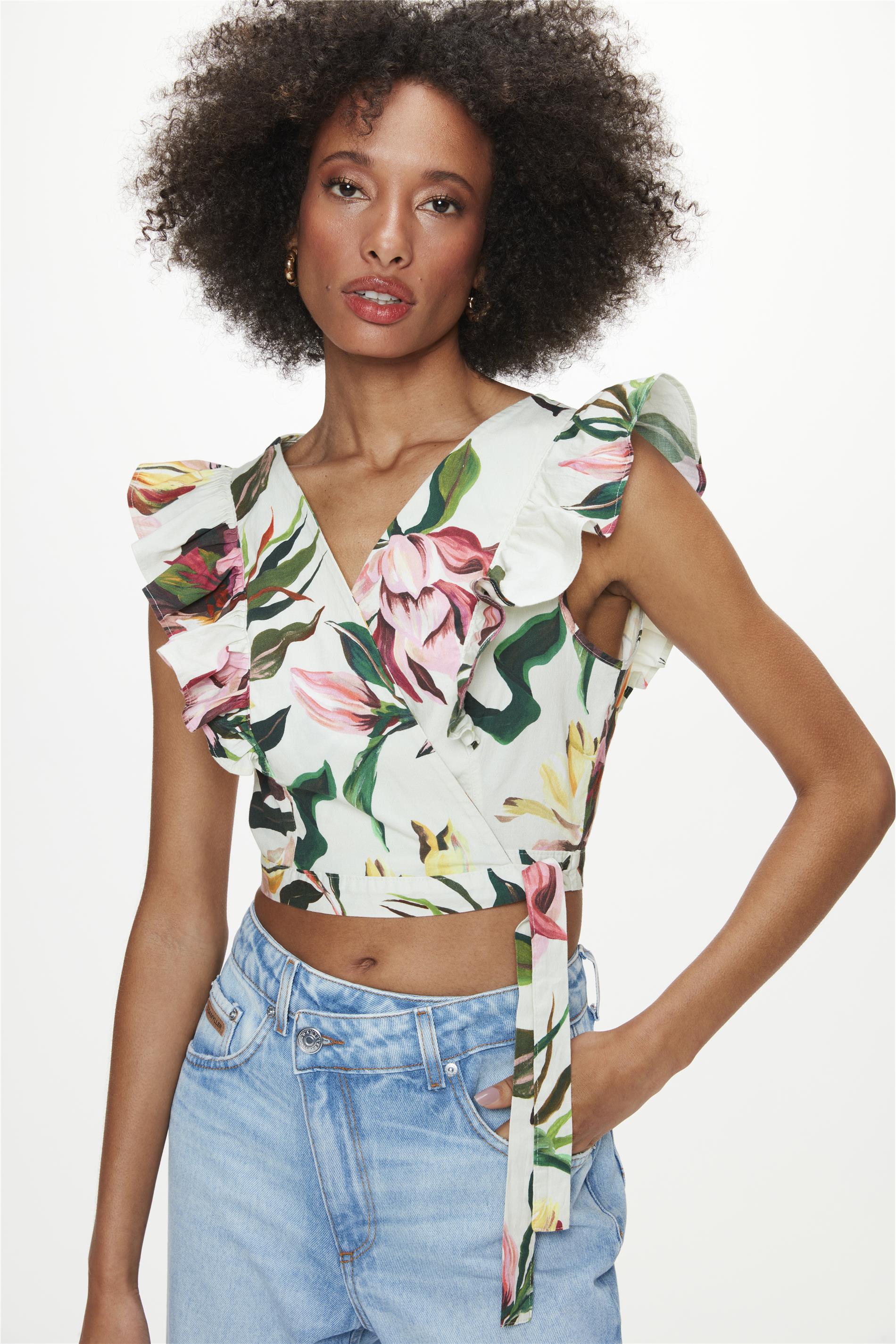 Blusa Cropped com Estampa e Transpasse