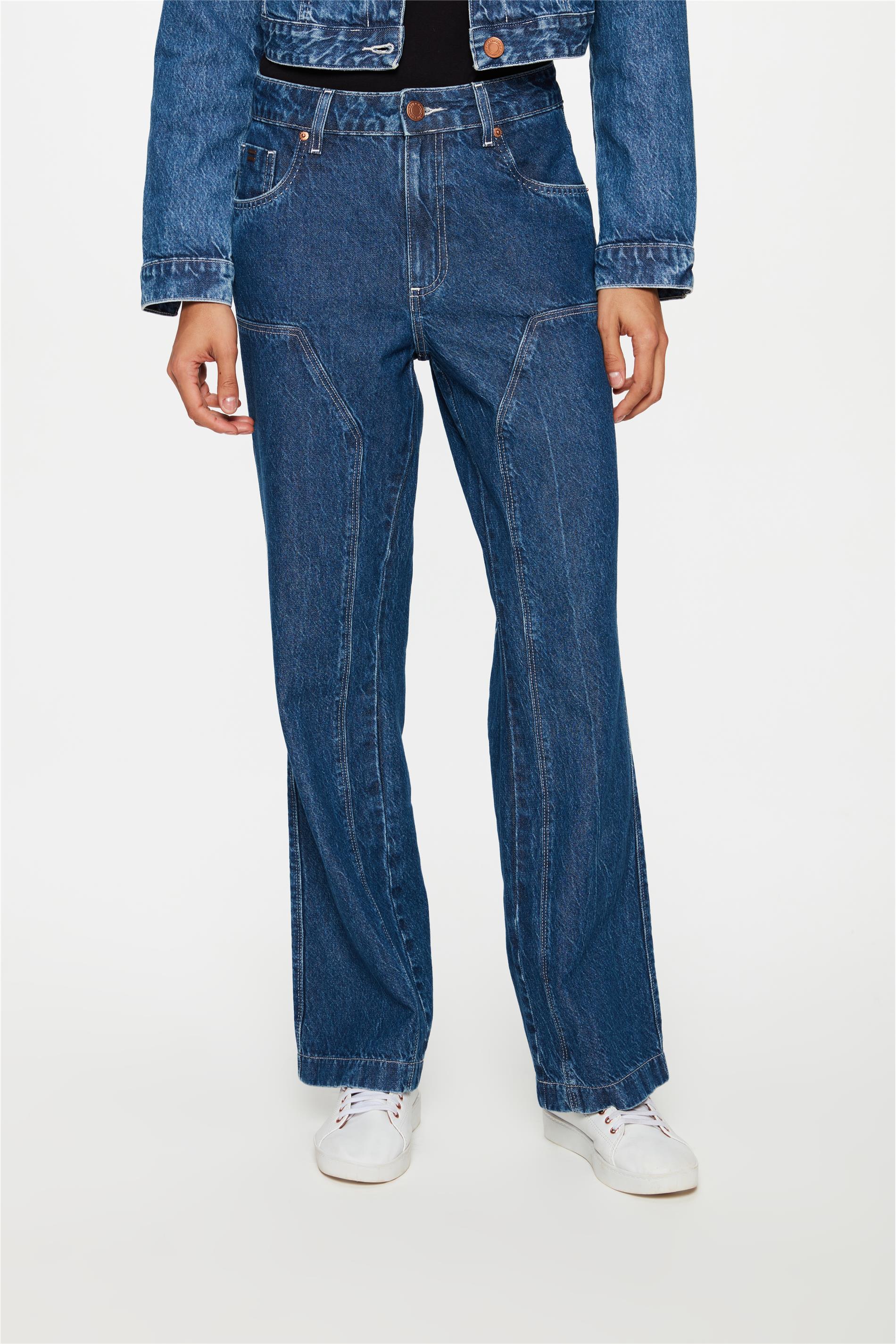 Calça Jeans Escuro Reta Recortes G2 C1