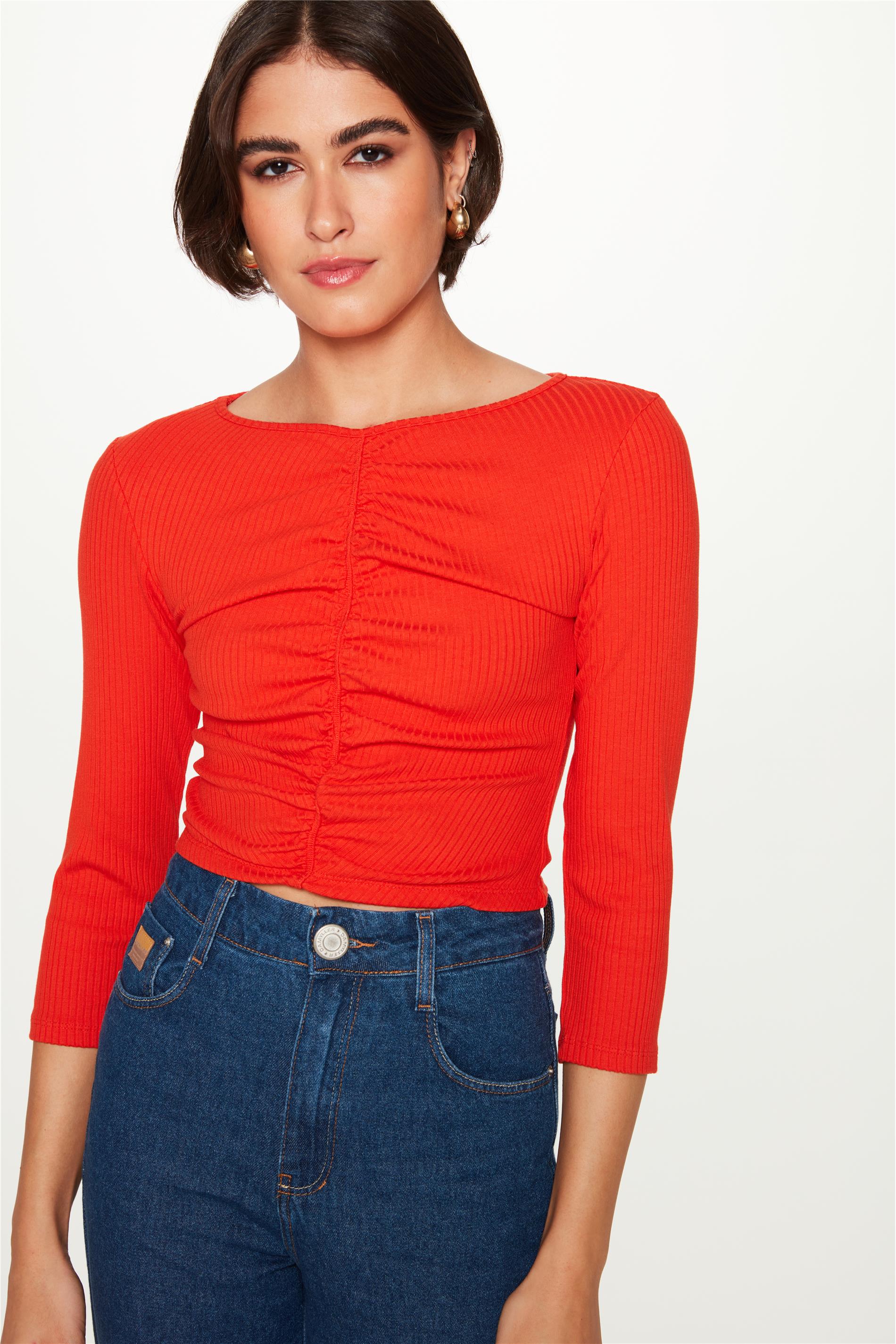 Blusa de Malha Canelada Franzida