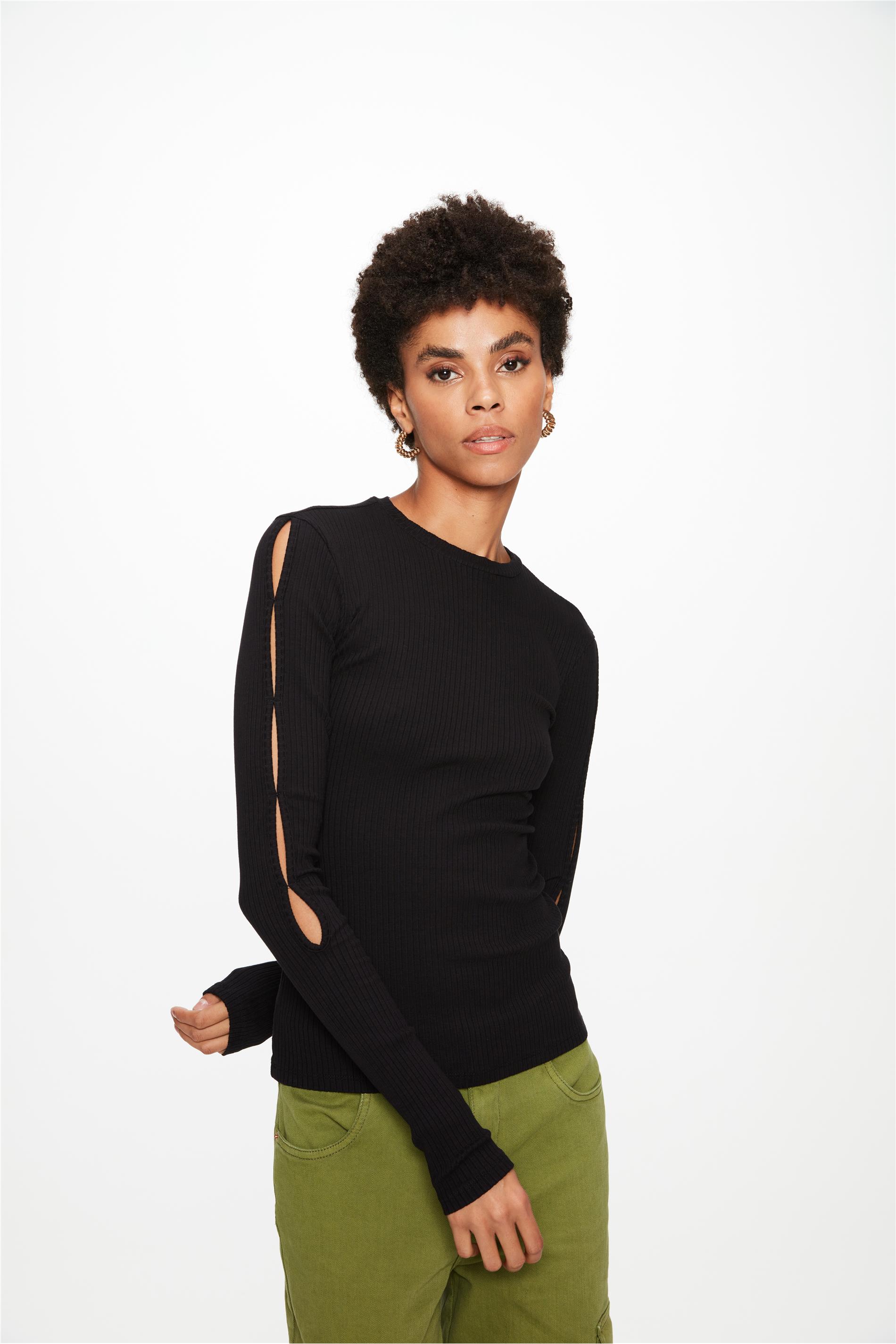 Blusa Canelada com Recortes nas Mangas