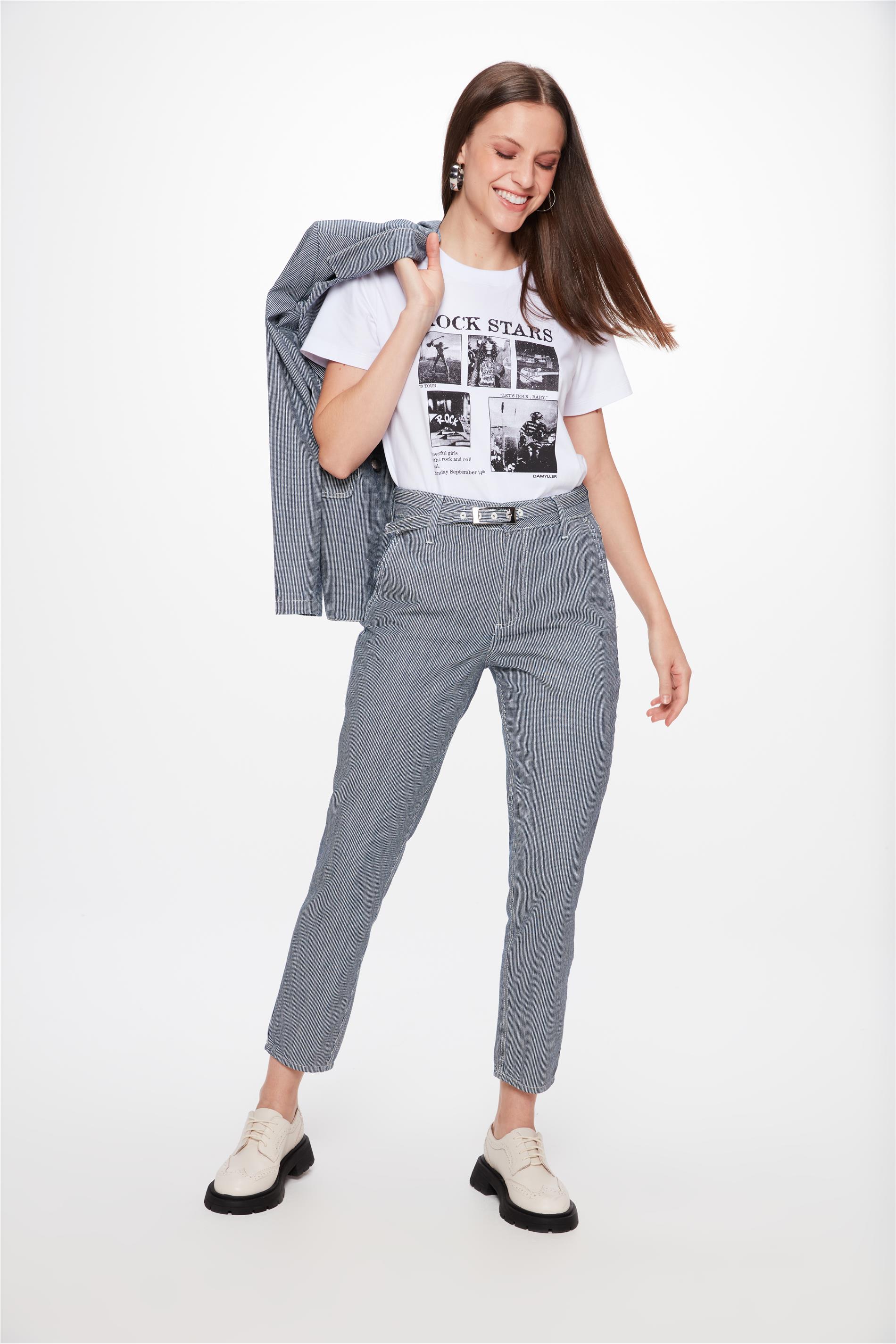 Calça de Sarja Estampada Slim Cropped