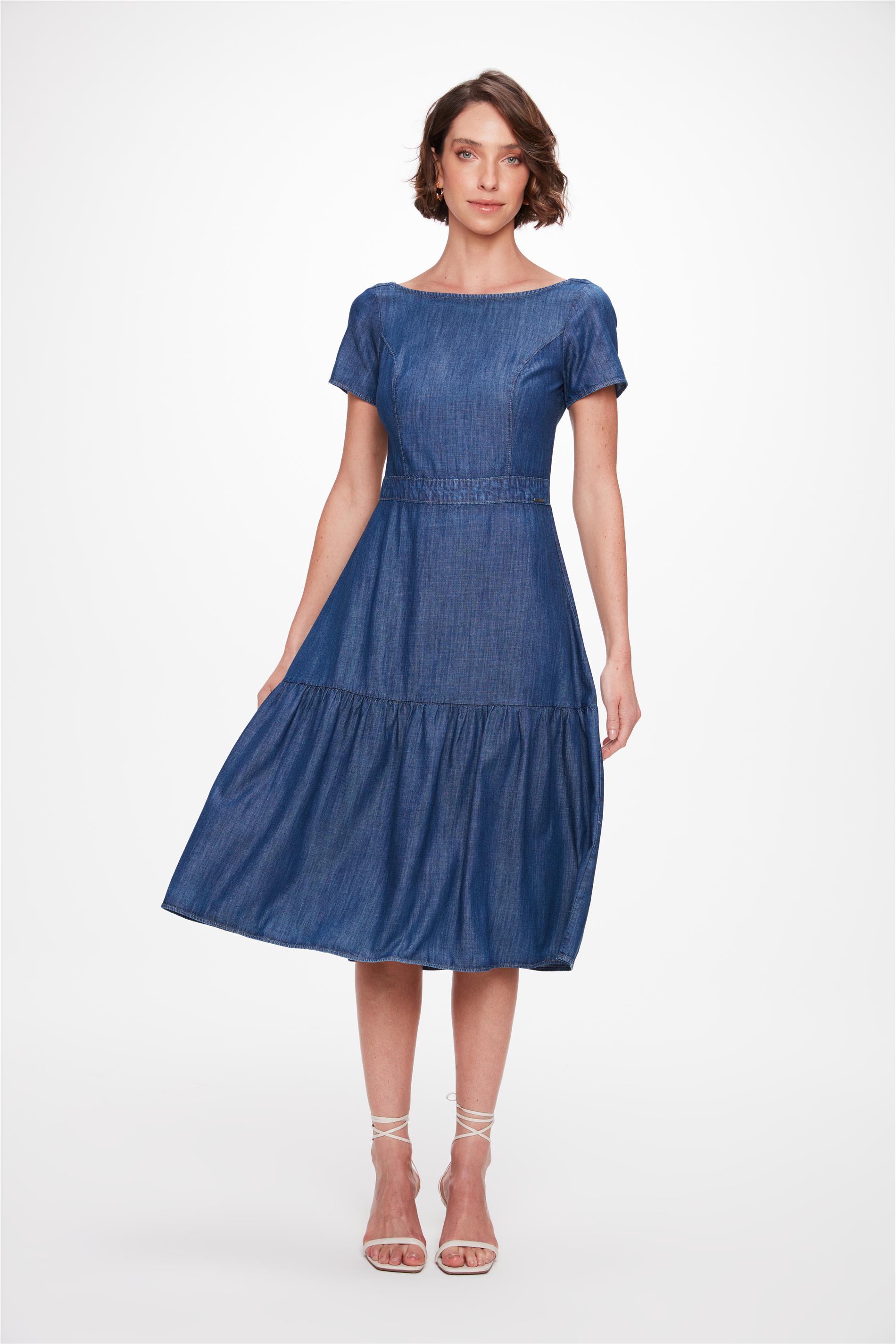 Vestido Jeans Midi com Babados e Lastex