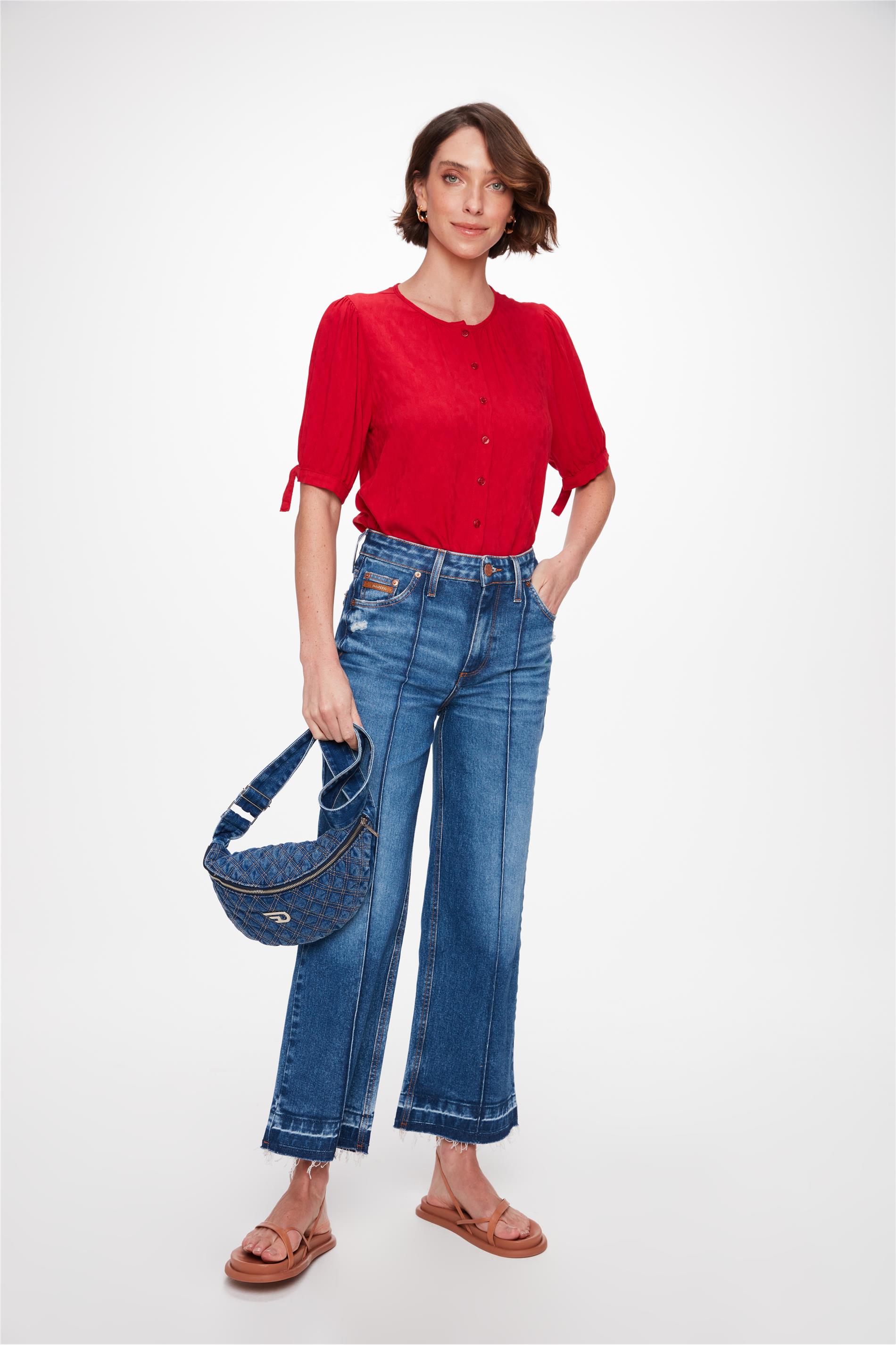 Calça Jeans Reta Cropped com Friso