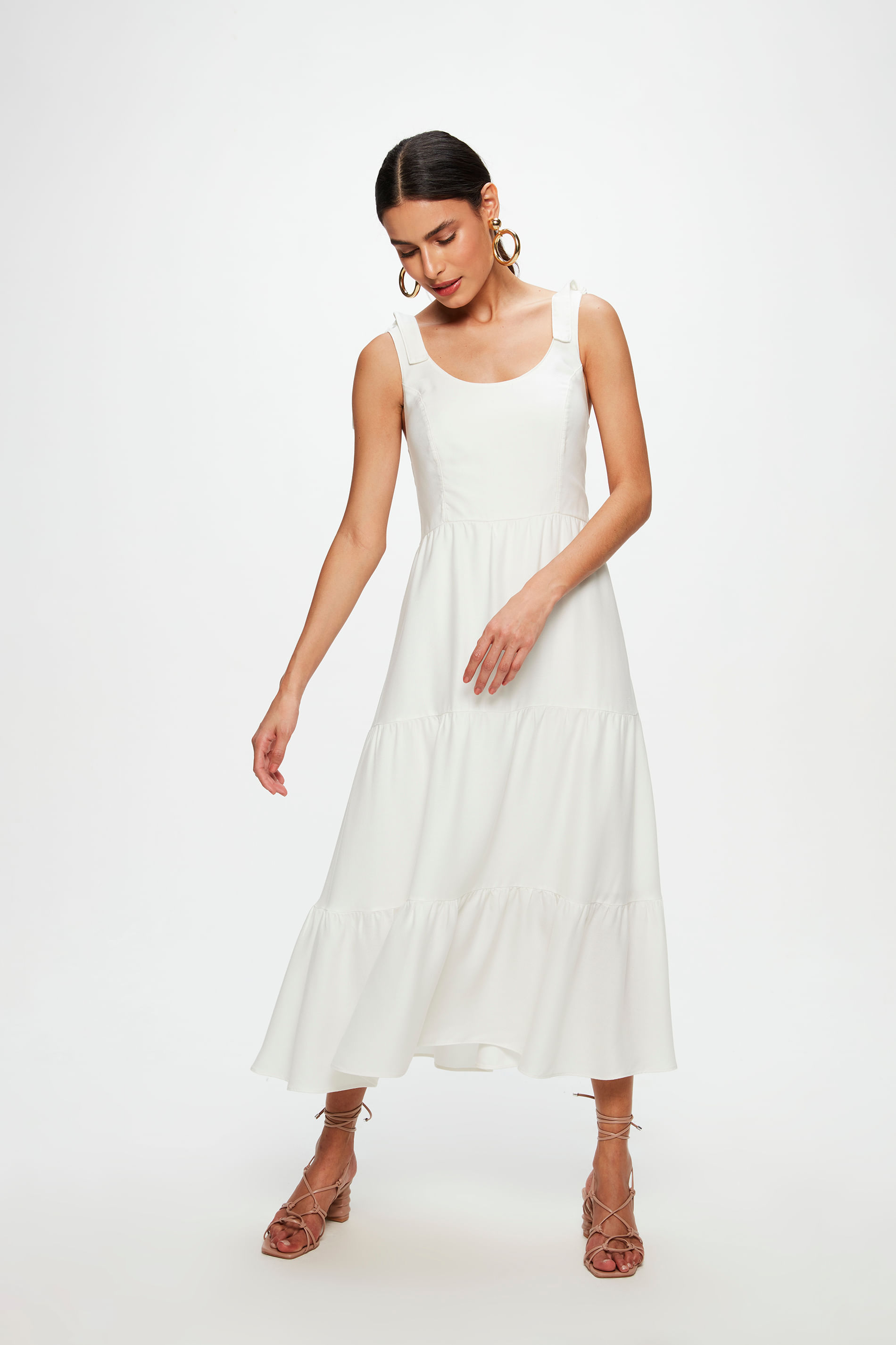 Vestido de Sarja em Camadas Off White
