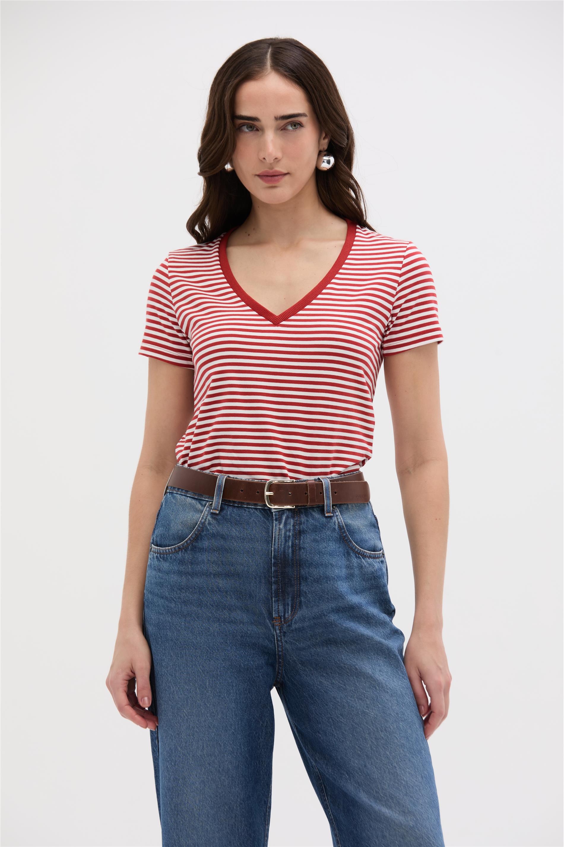 Camiseta Listrada em Malha de Algodão
