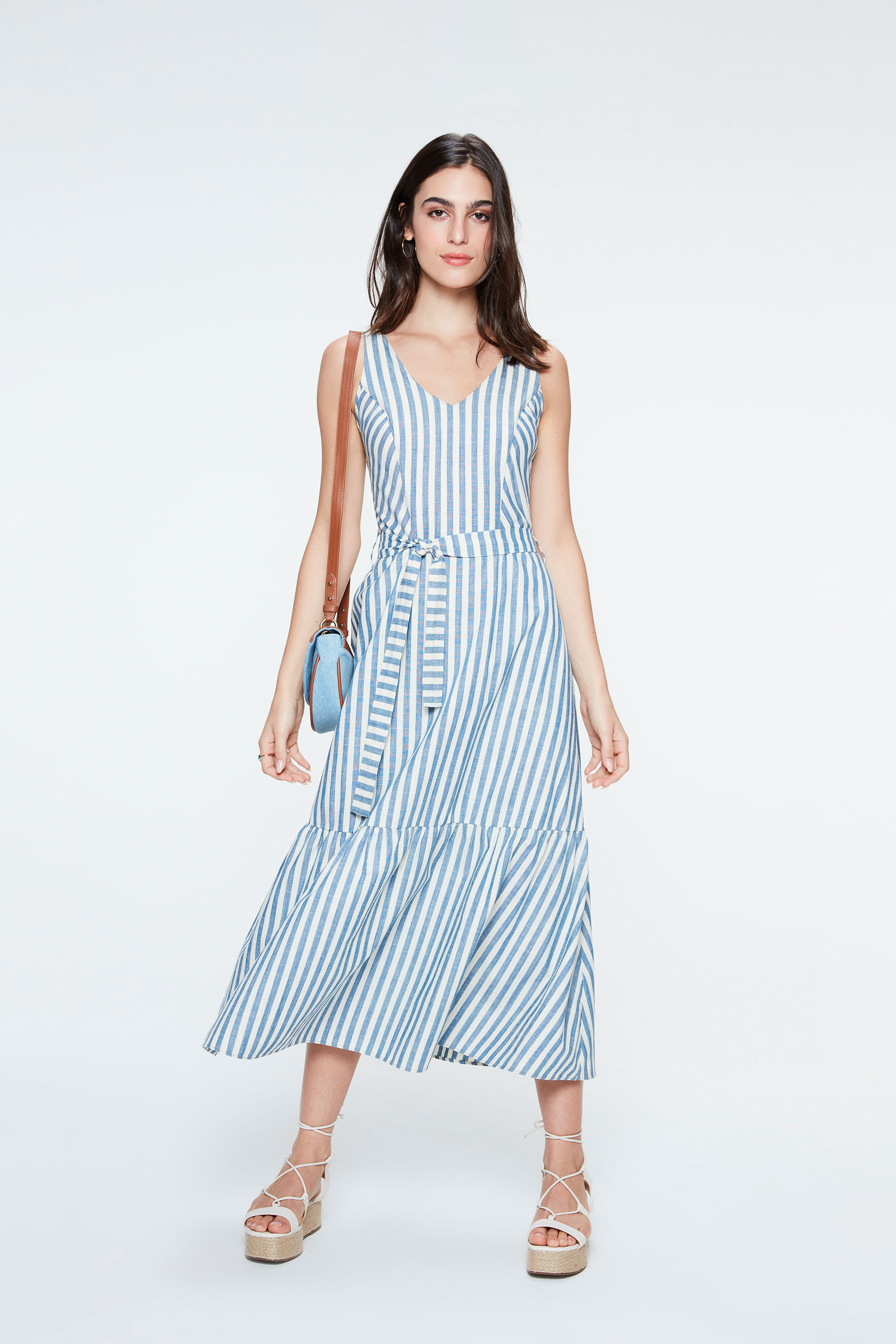 Vestido Midi Listrado com Babado