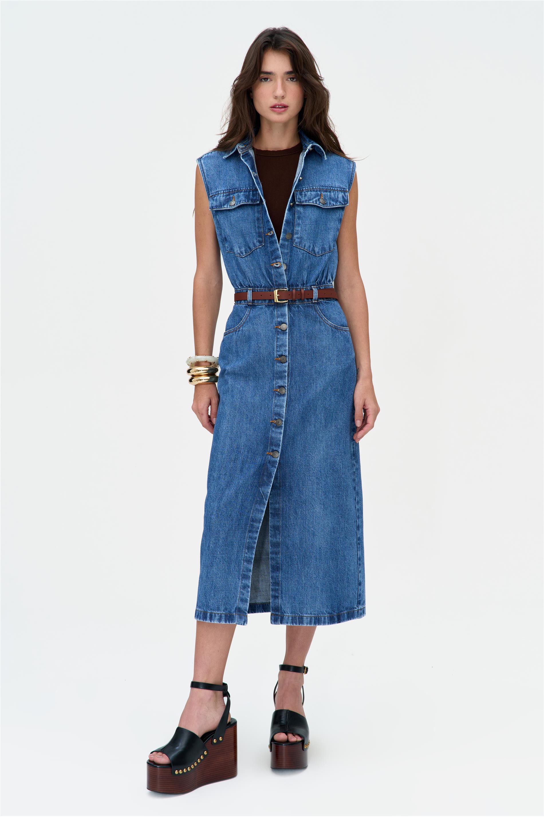 Vestido Midi Jeans com Botões Frontais