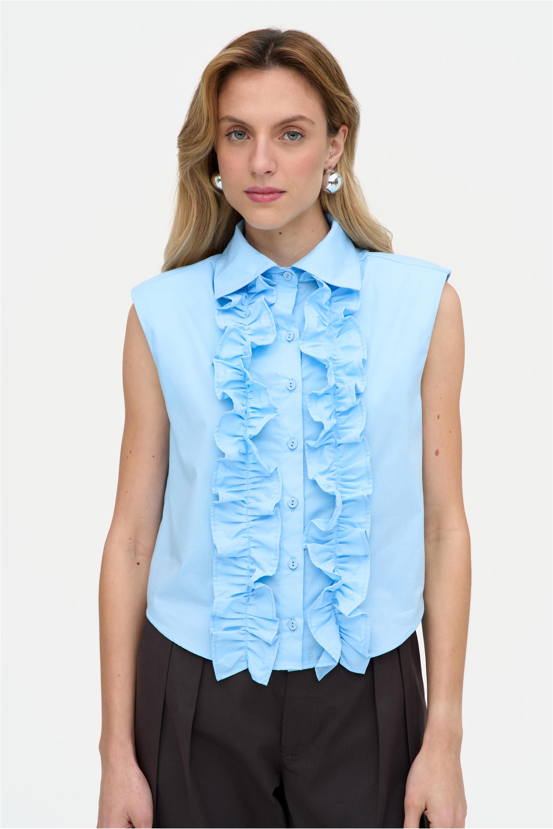 Camisa Feminina sem Mangas com Babados