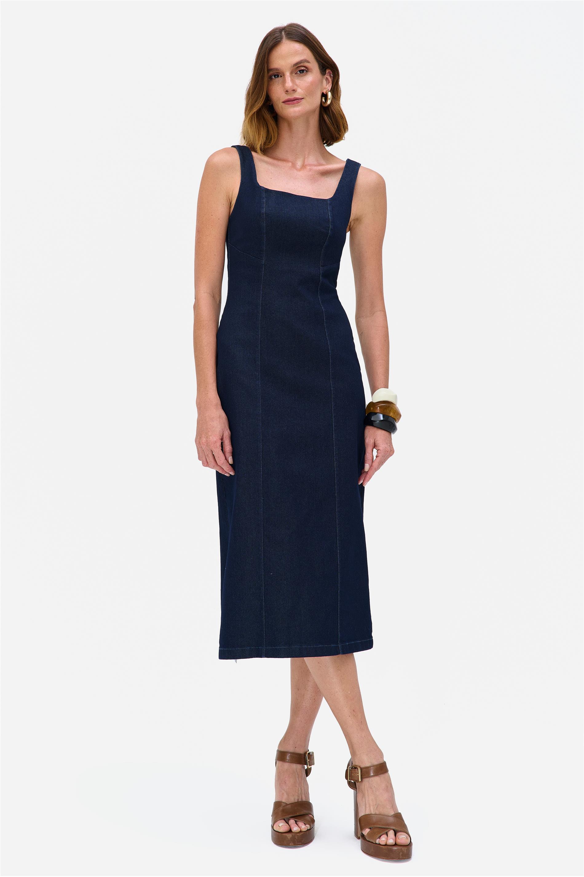 Vestido Jeans Midi Recortes e Zíper