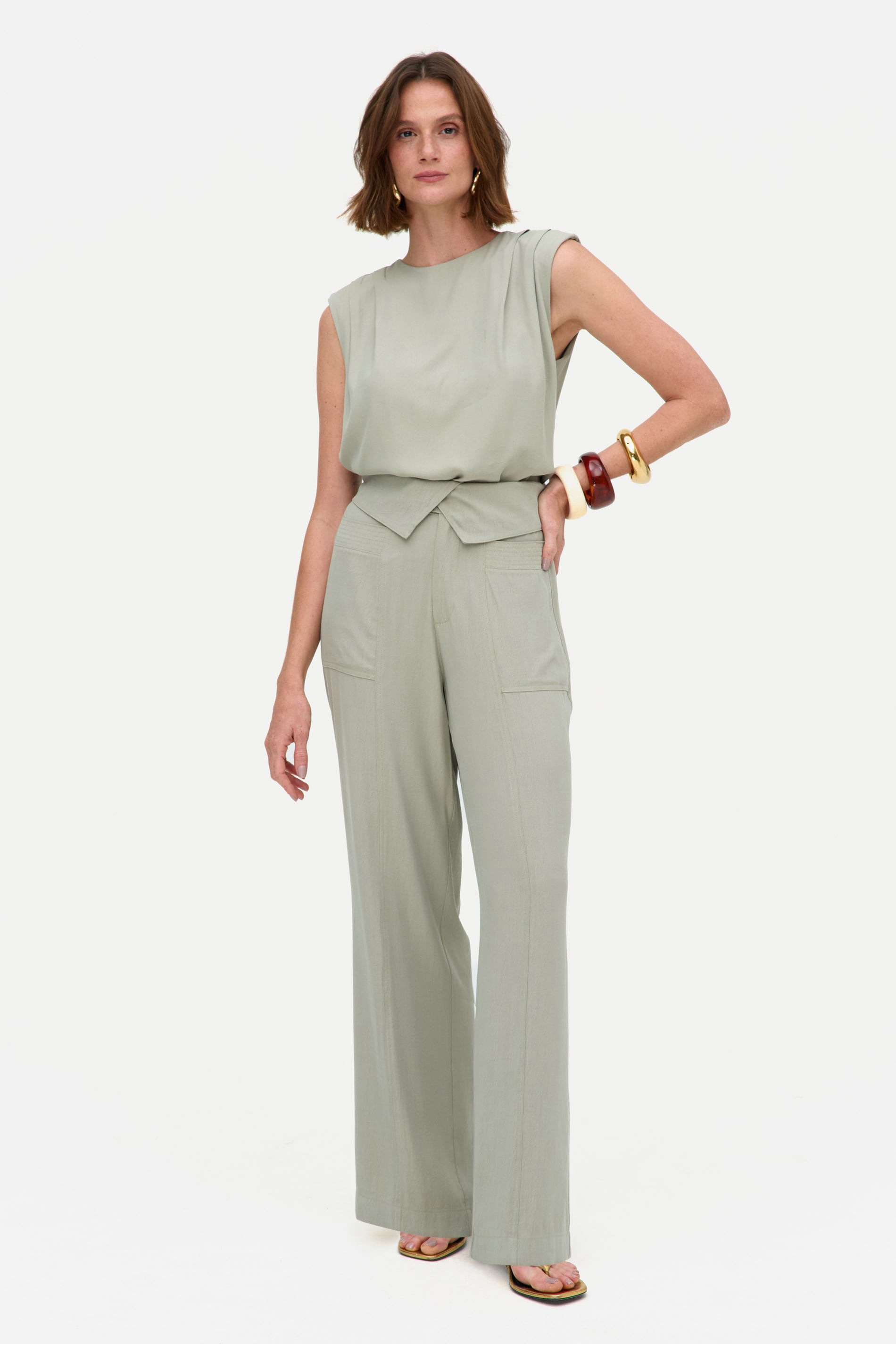 Calça Feminina Wide Leg Cós Dobrado
