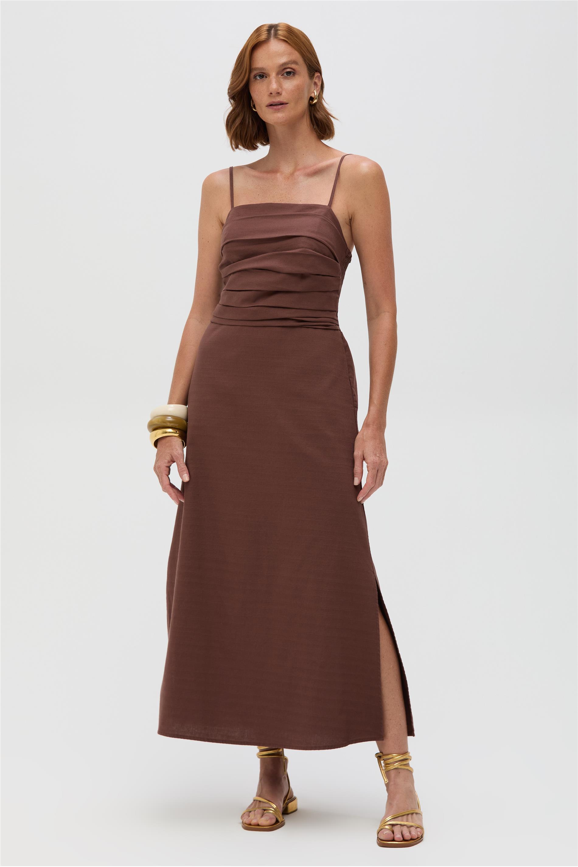 Vestido Midi em Algodão com Pregas