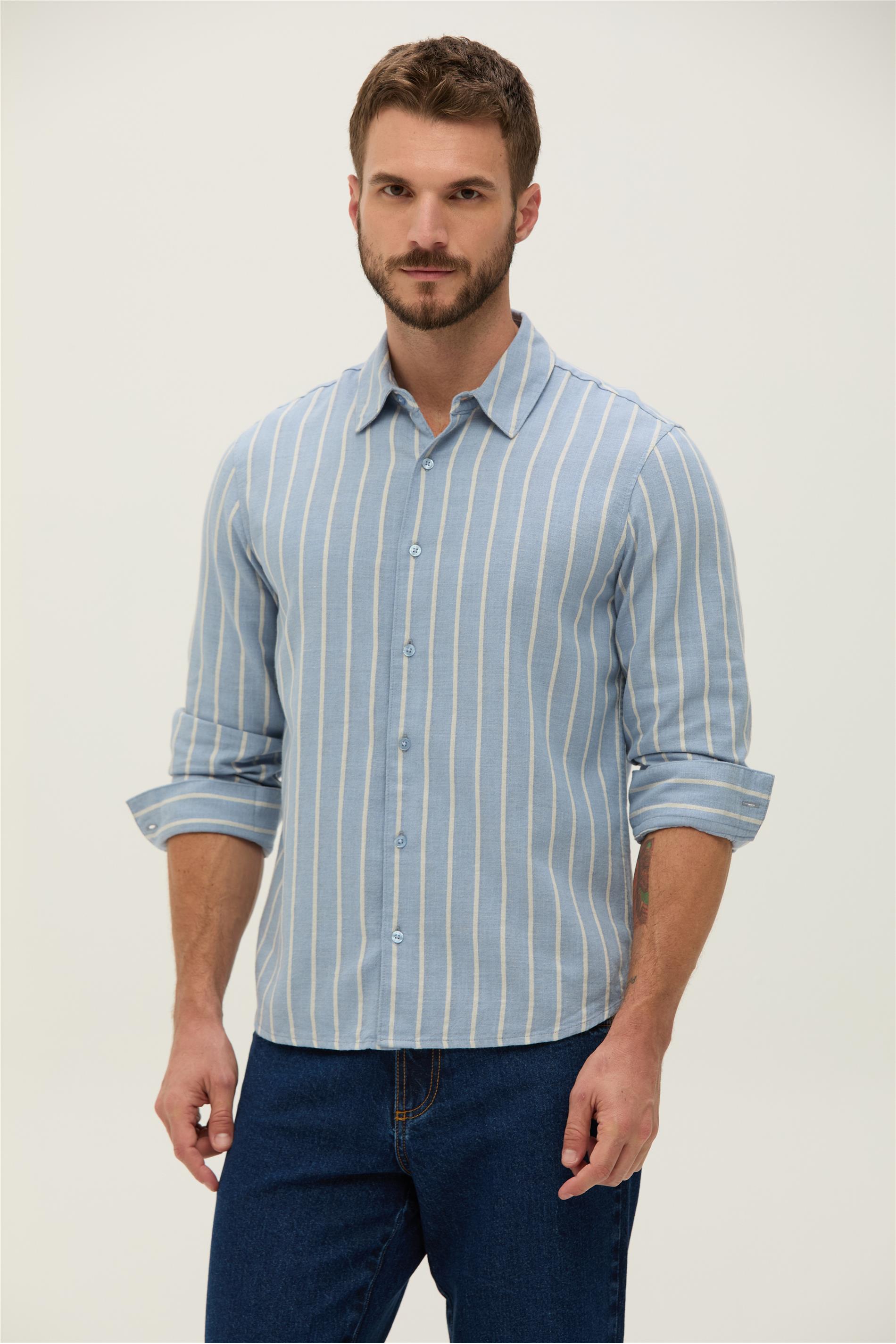 Camisa Masculina Listrada em Linho e Mod