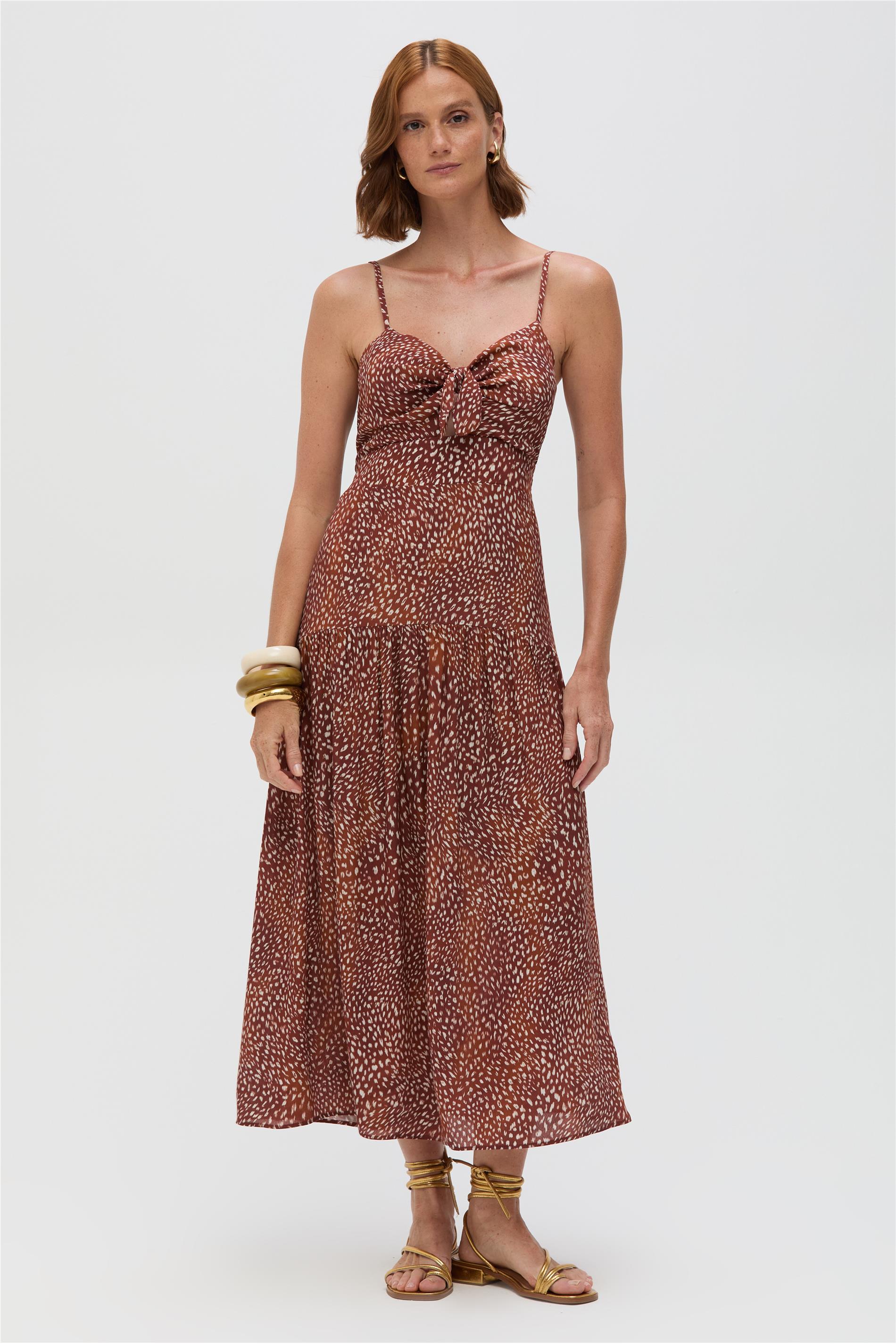 Vestido Midi de Alça em Viscose com Laço
