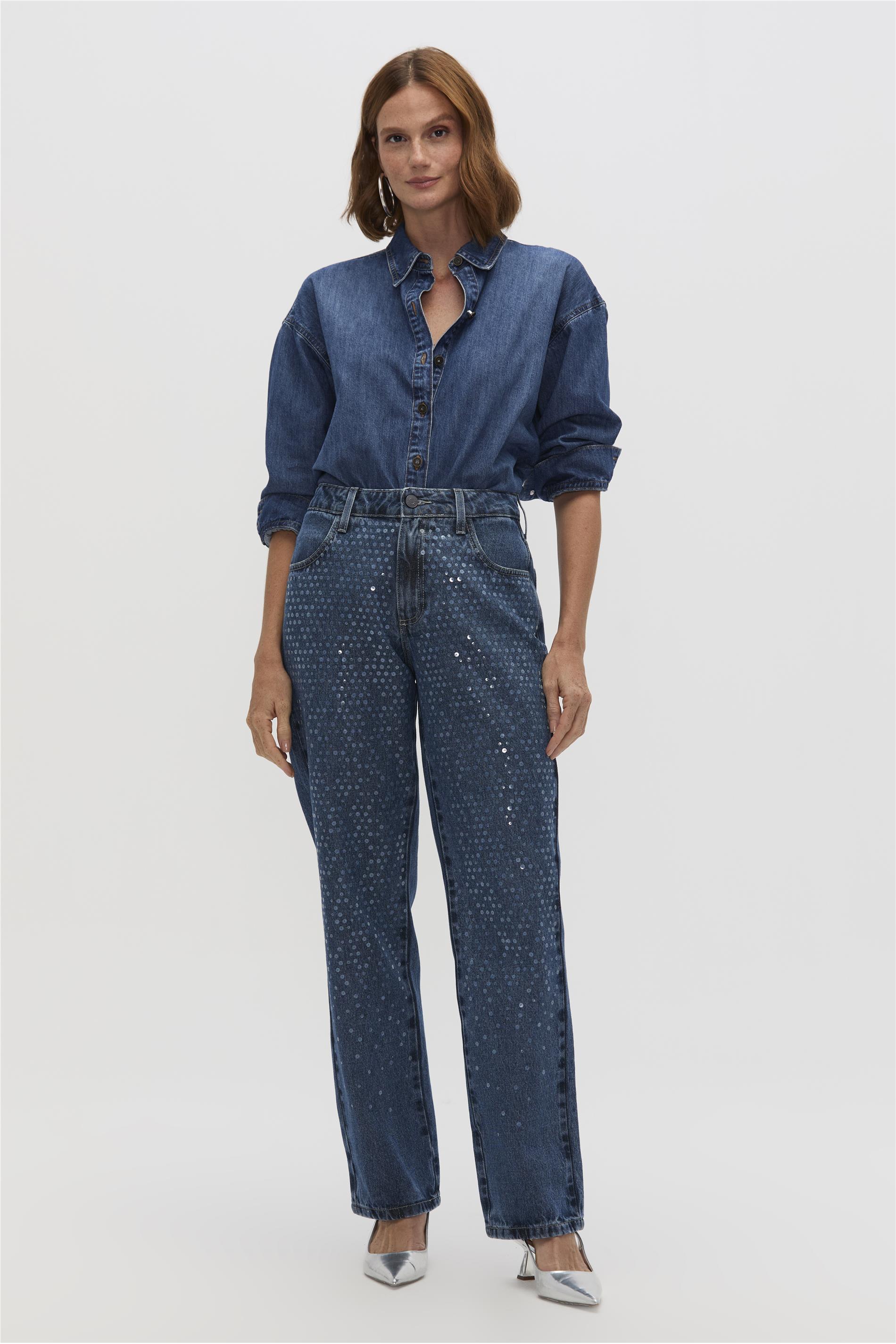 Calça Jeans Feminina Reta com Aplicação