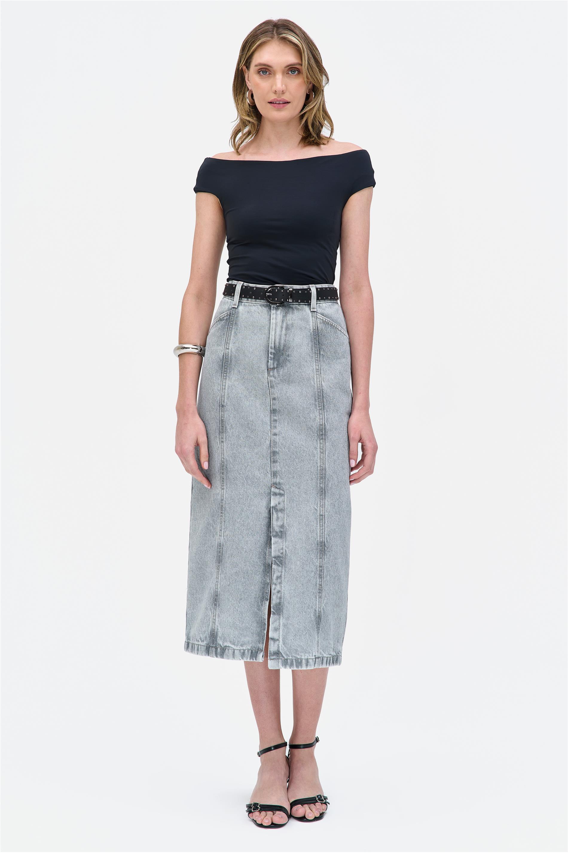Saia Jeans Midi com Fenda Frontal