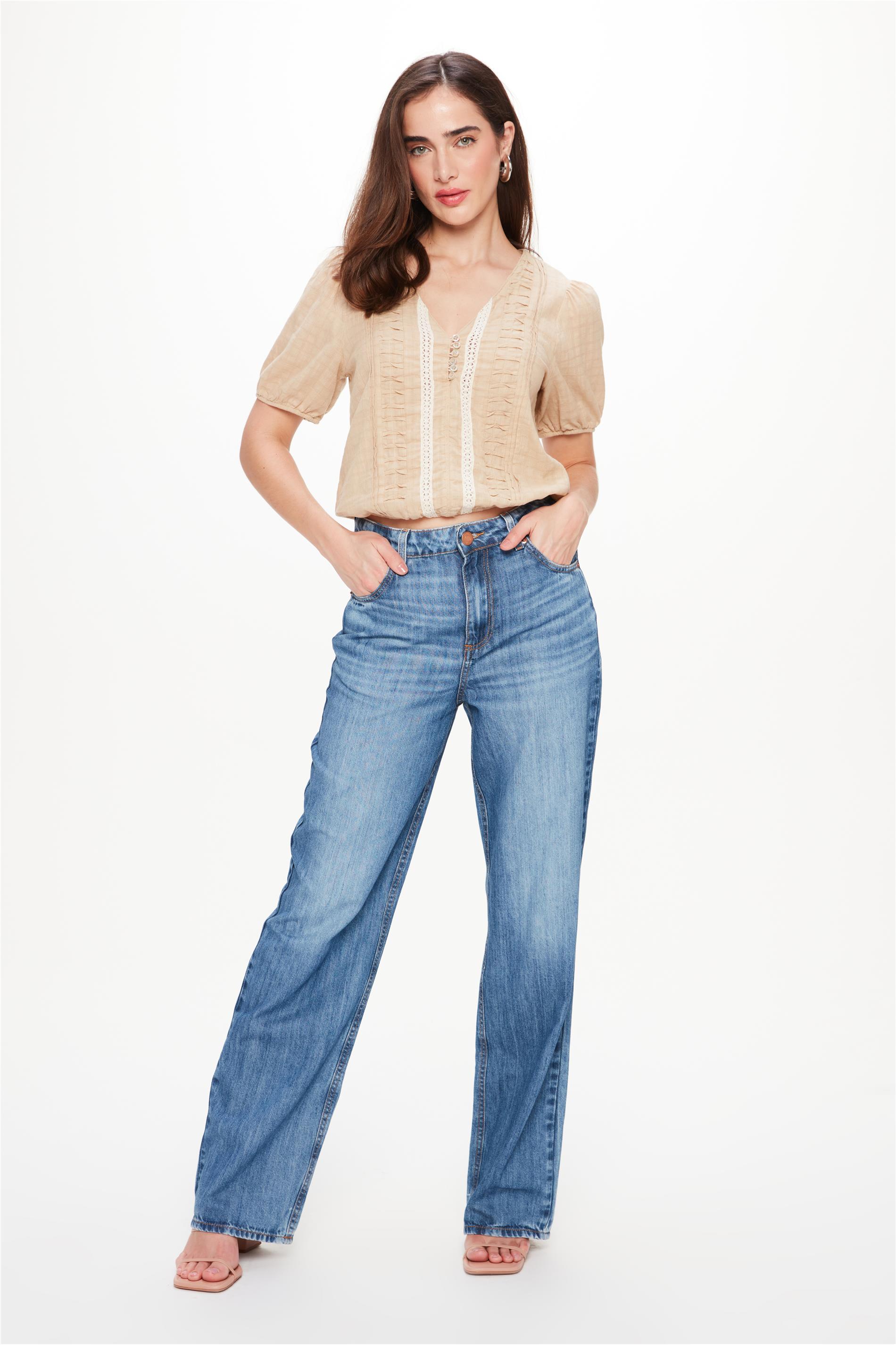 Calça Jeans Wide Leg Alta com Marcações