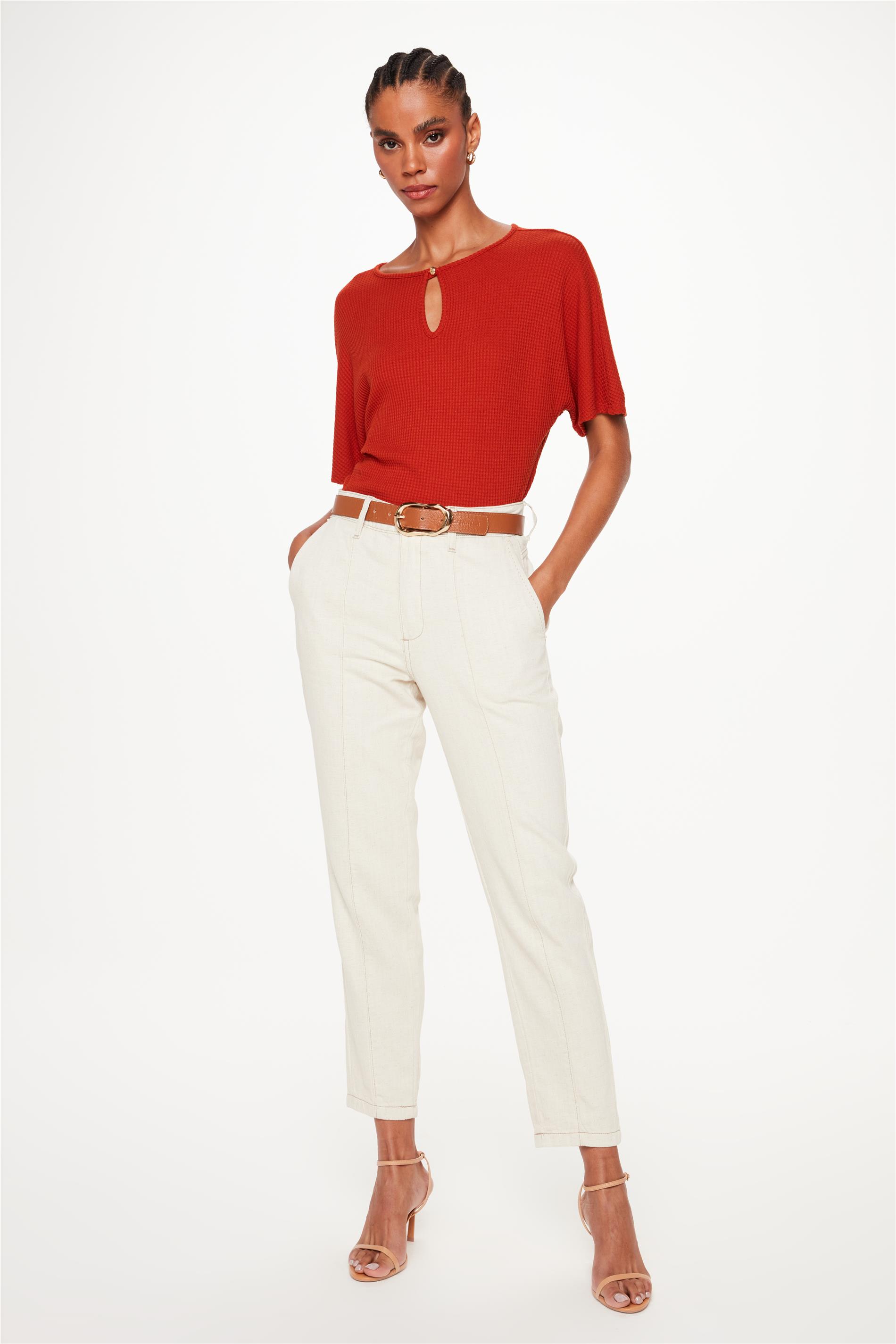 Calça Sarja Slim Cropped com Linho