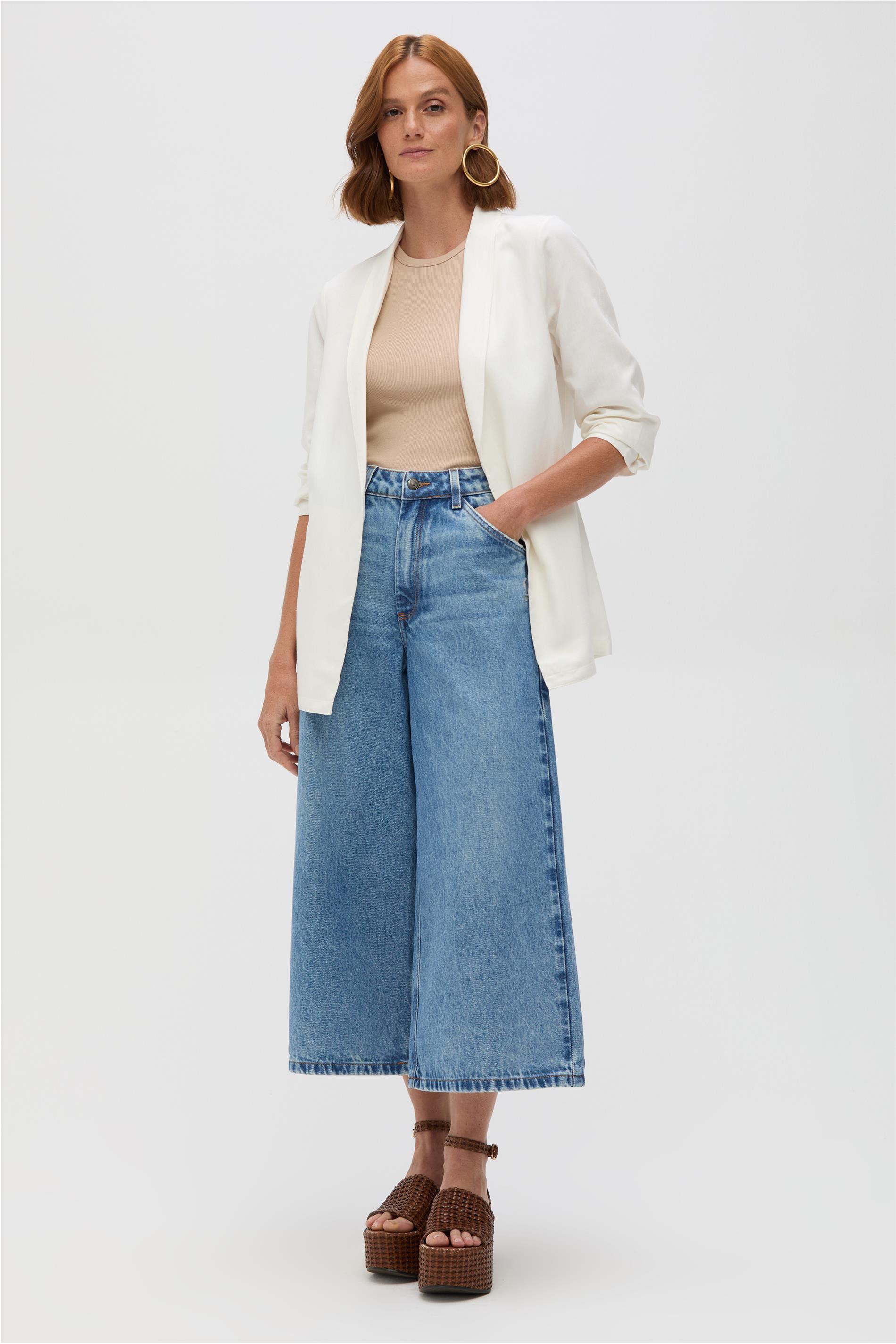Calça Wide Leg Cropped Feminina Jeans