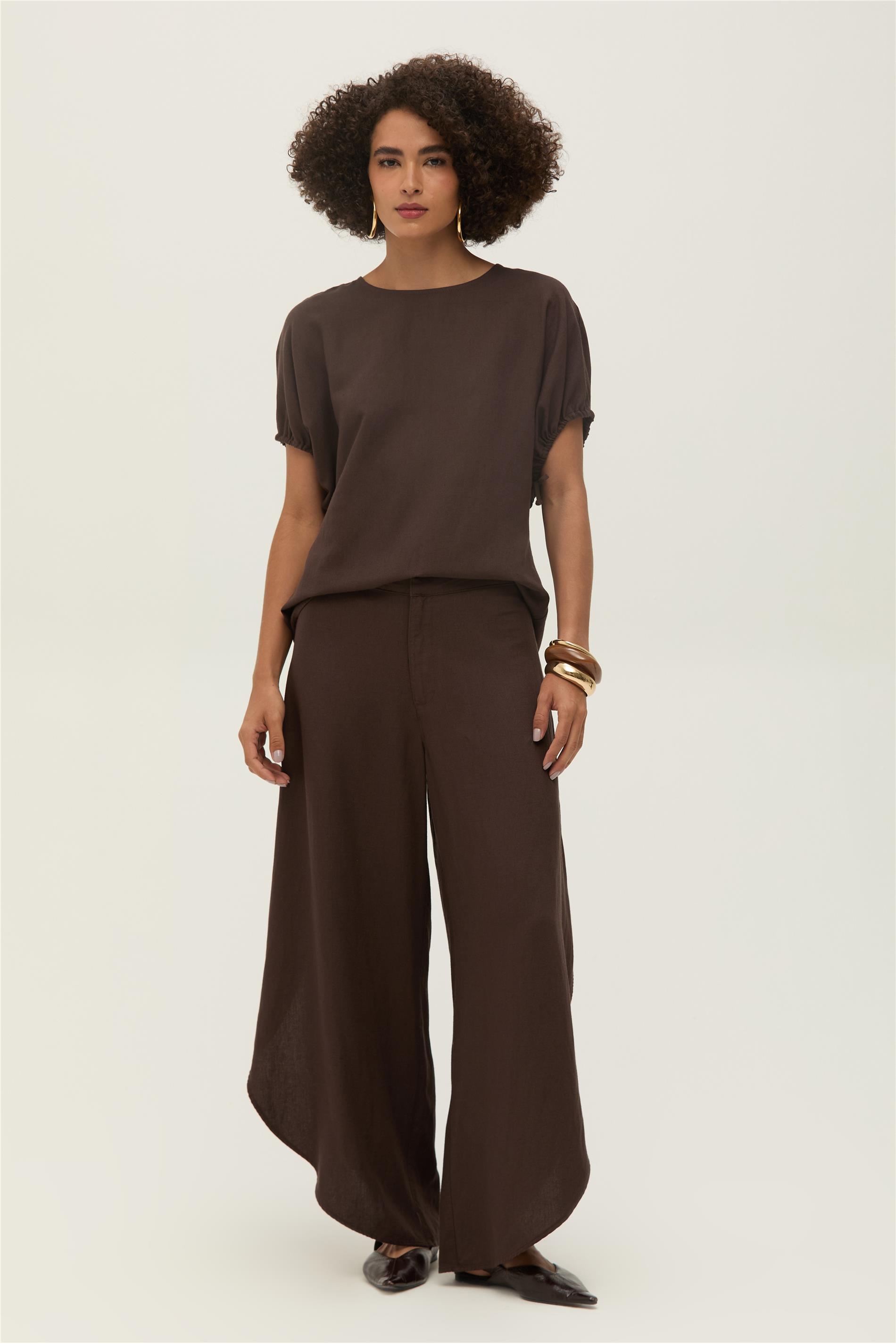 Calça Barrel Feminina Linho e Viscose