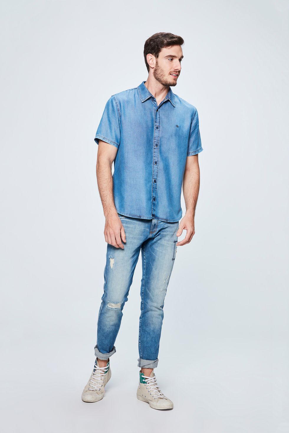 camisa jeans curta masculina