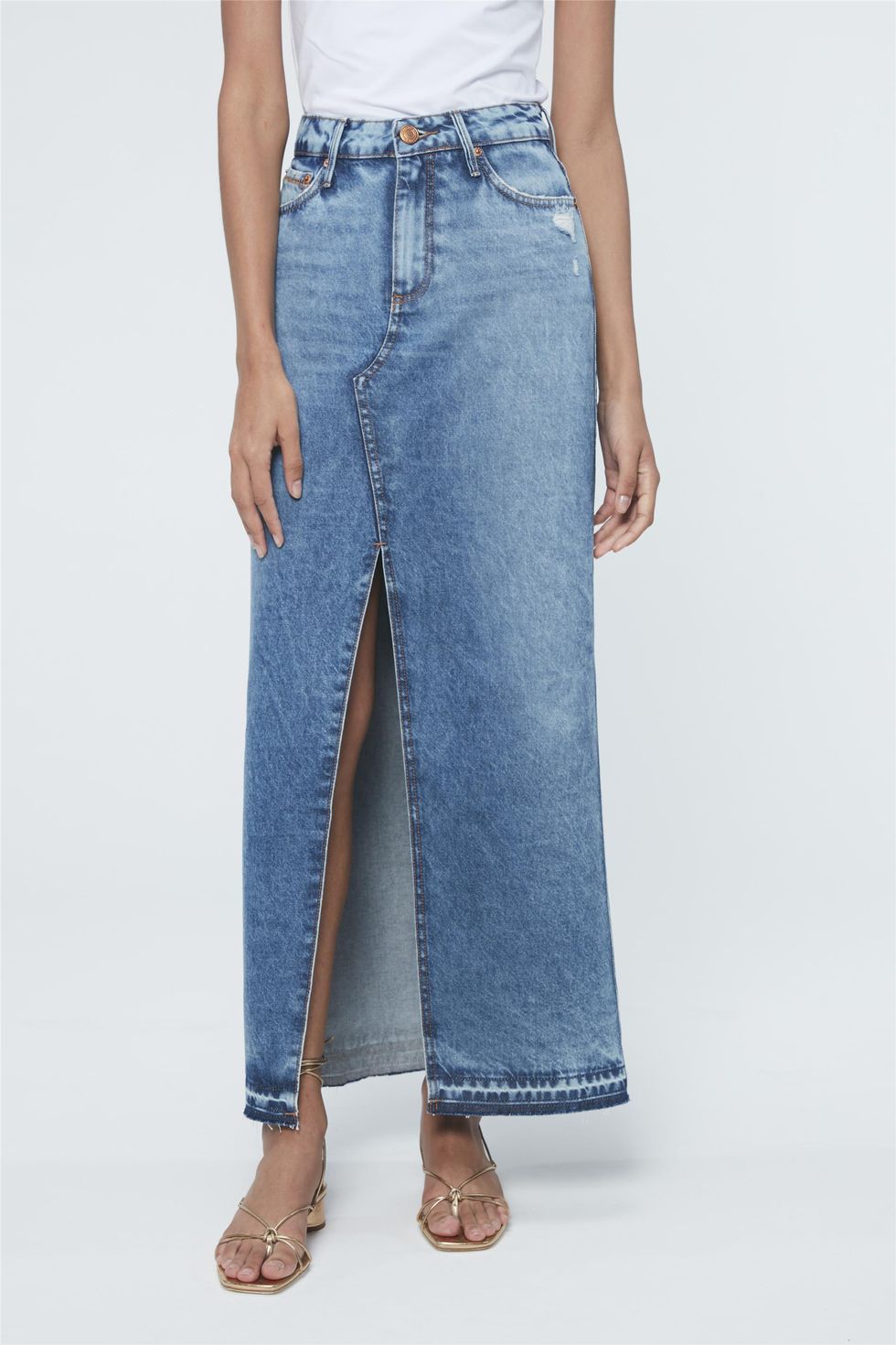 saia jeans longa com abertura na frente