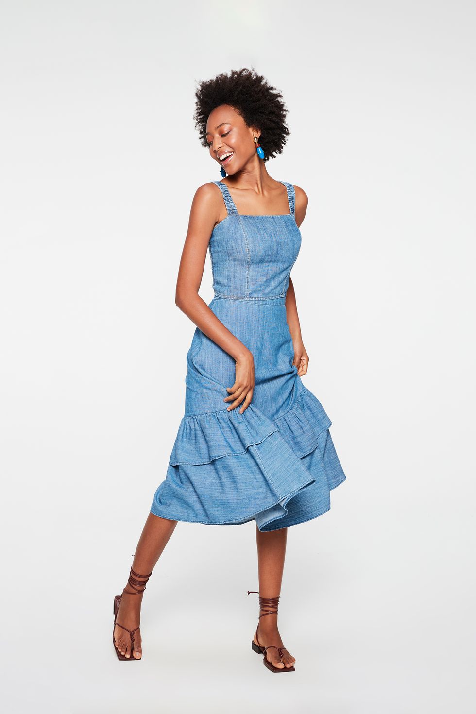 saia jeans midi com babado