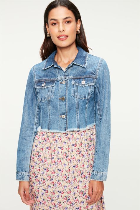 Jaqueta Jeans Cropped Estampada - - Damyller