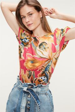 Blusa Canelada Transpassada Floral Mini - - Damyller