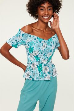 Blusa Canelada Transpassada Floral Mini - - Damyller