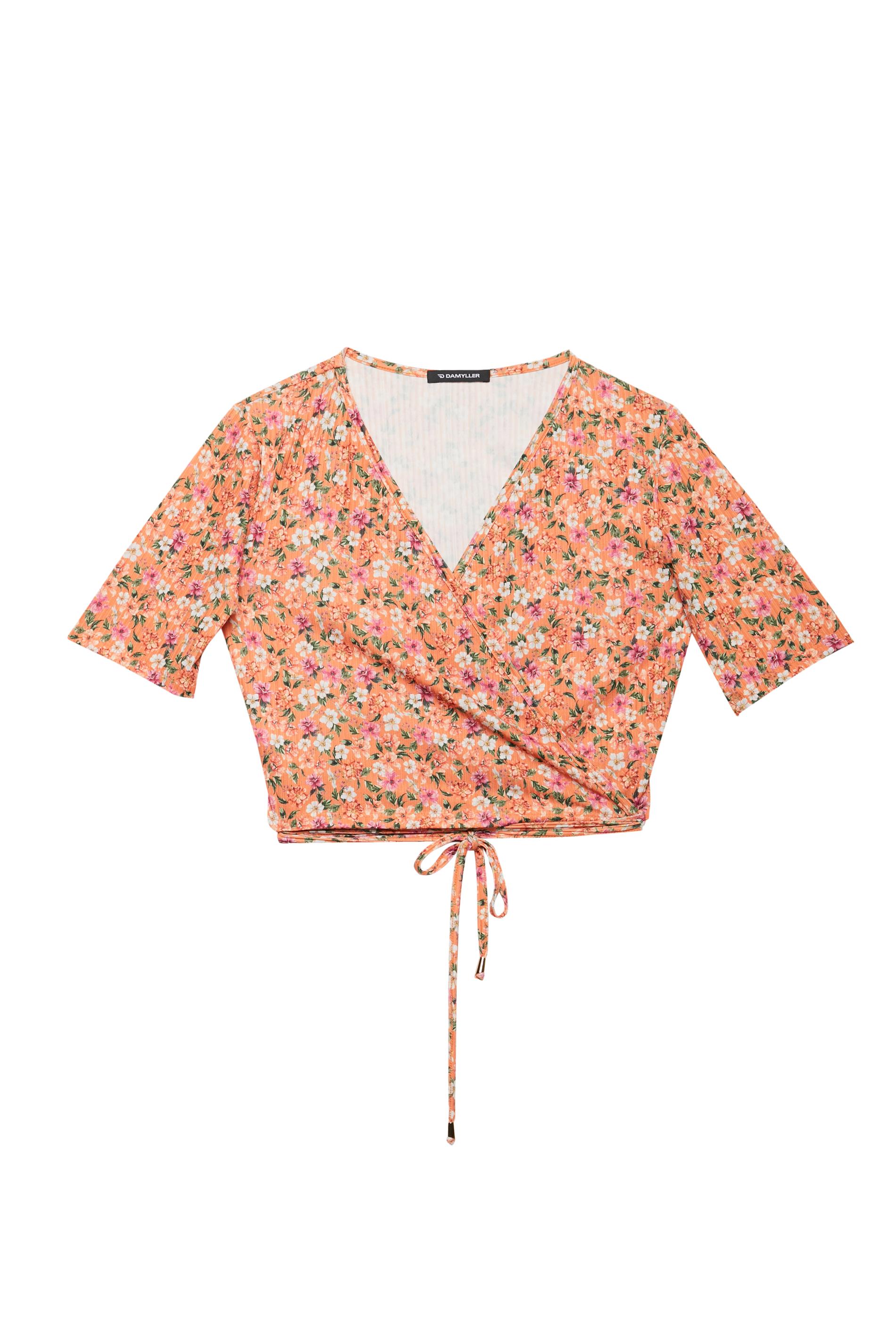 Blusa Canelada Transpassada Floral Mini - - Damyller