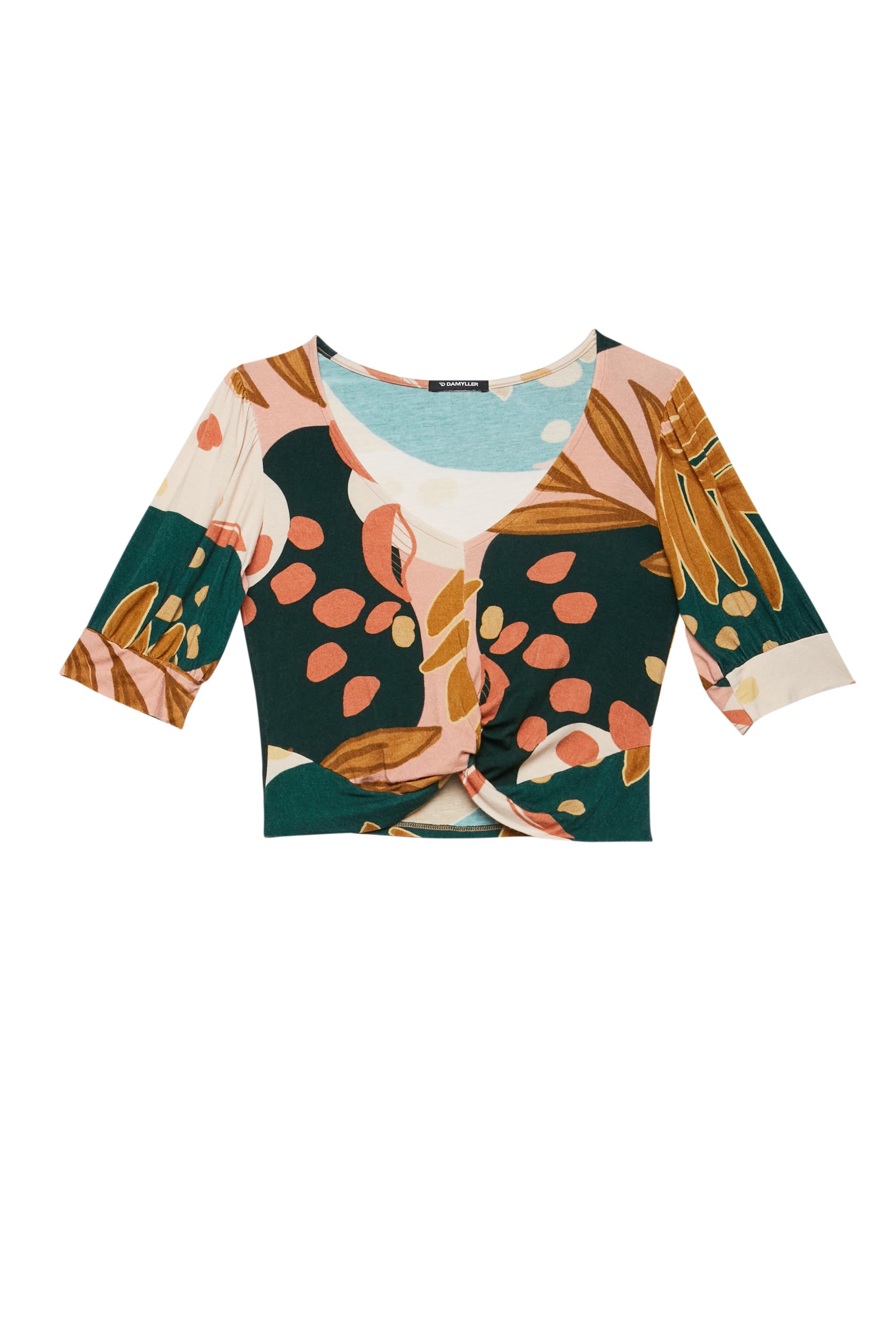 Blusa Canelada Transpassada Floral Mini - - Damyller