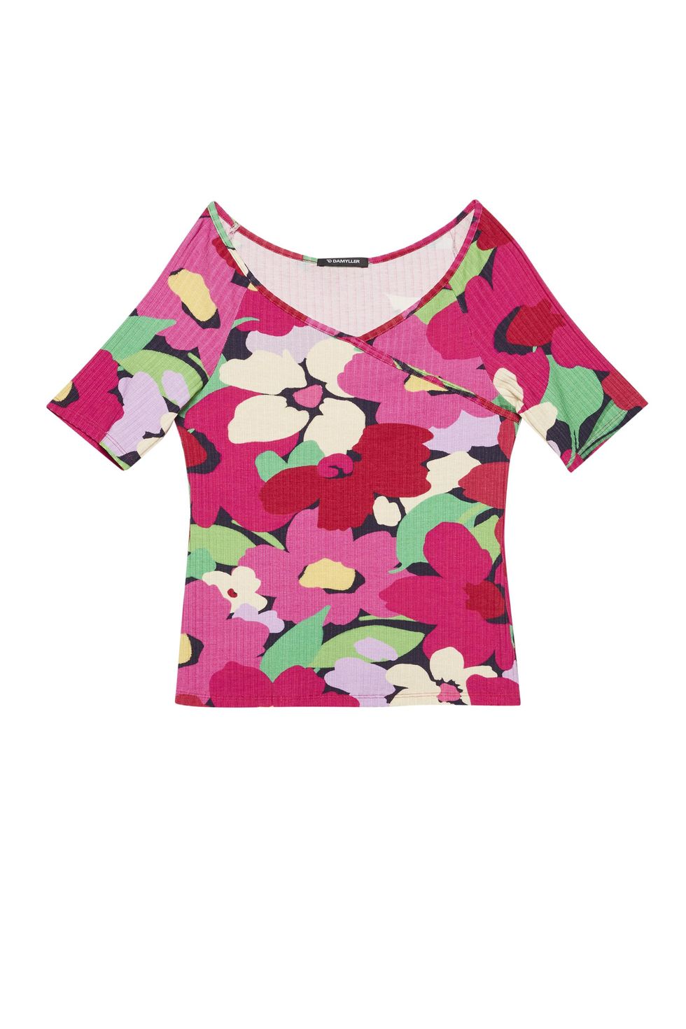 Blusa Canelada Transpassada Floral Mini - - Damyller