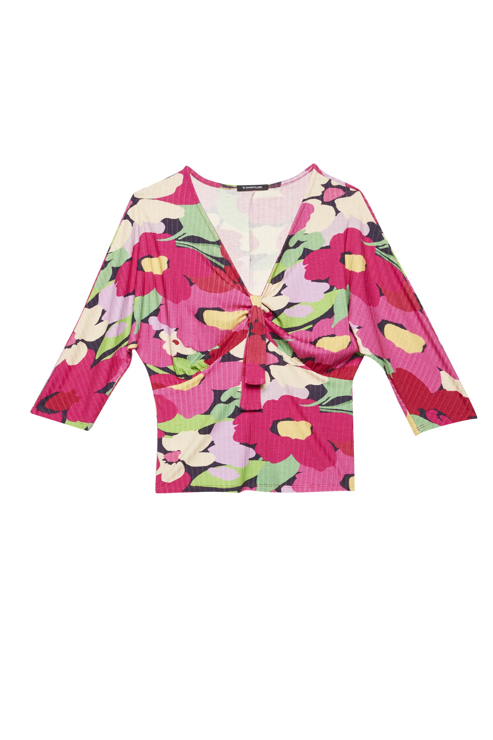 Blusa Canelada Transpassada Floral Mini - - Damyller