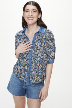 Blusa Canelada Transpassada Floral Mini - - Damyller