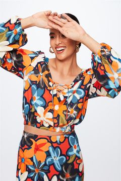 Blusa Canelada Transpassada Floral Mini - - Damyller