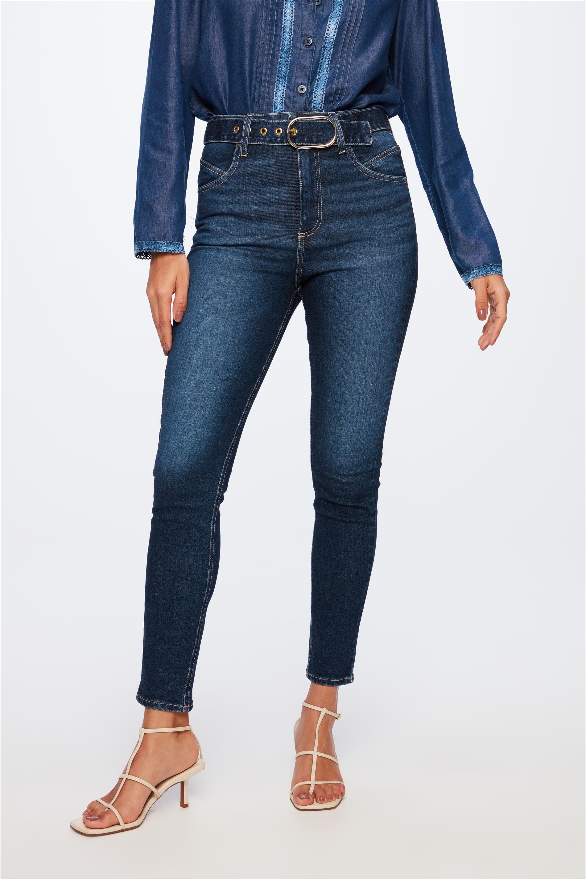 Calça Jeans Escuro Skinny com Cinto G5
