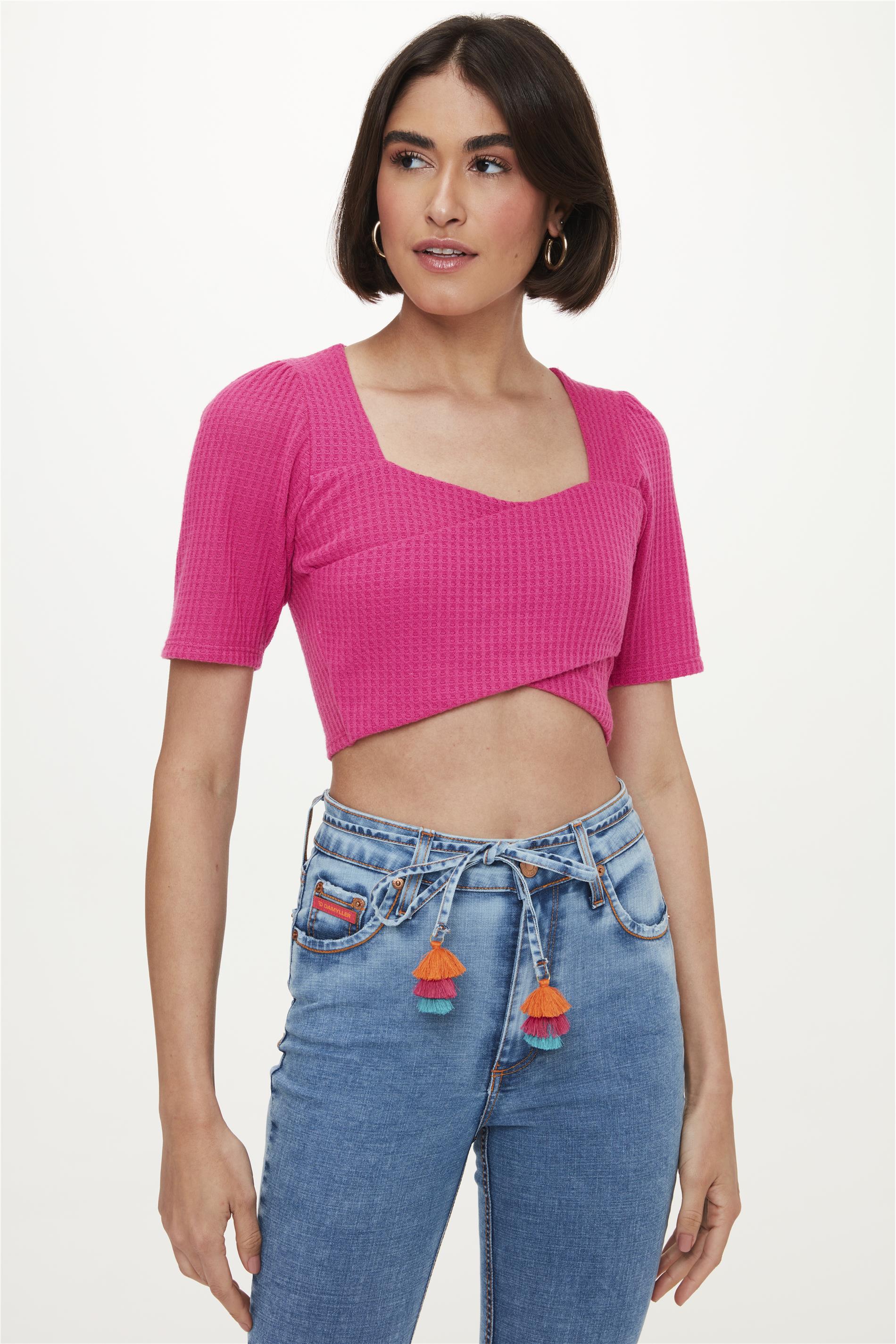Blusa Cropped Canelada com Transpasse